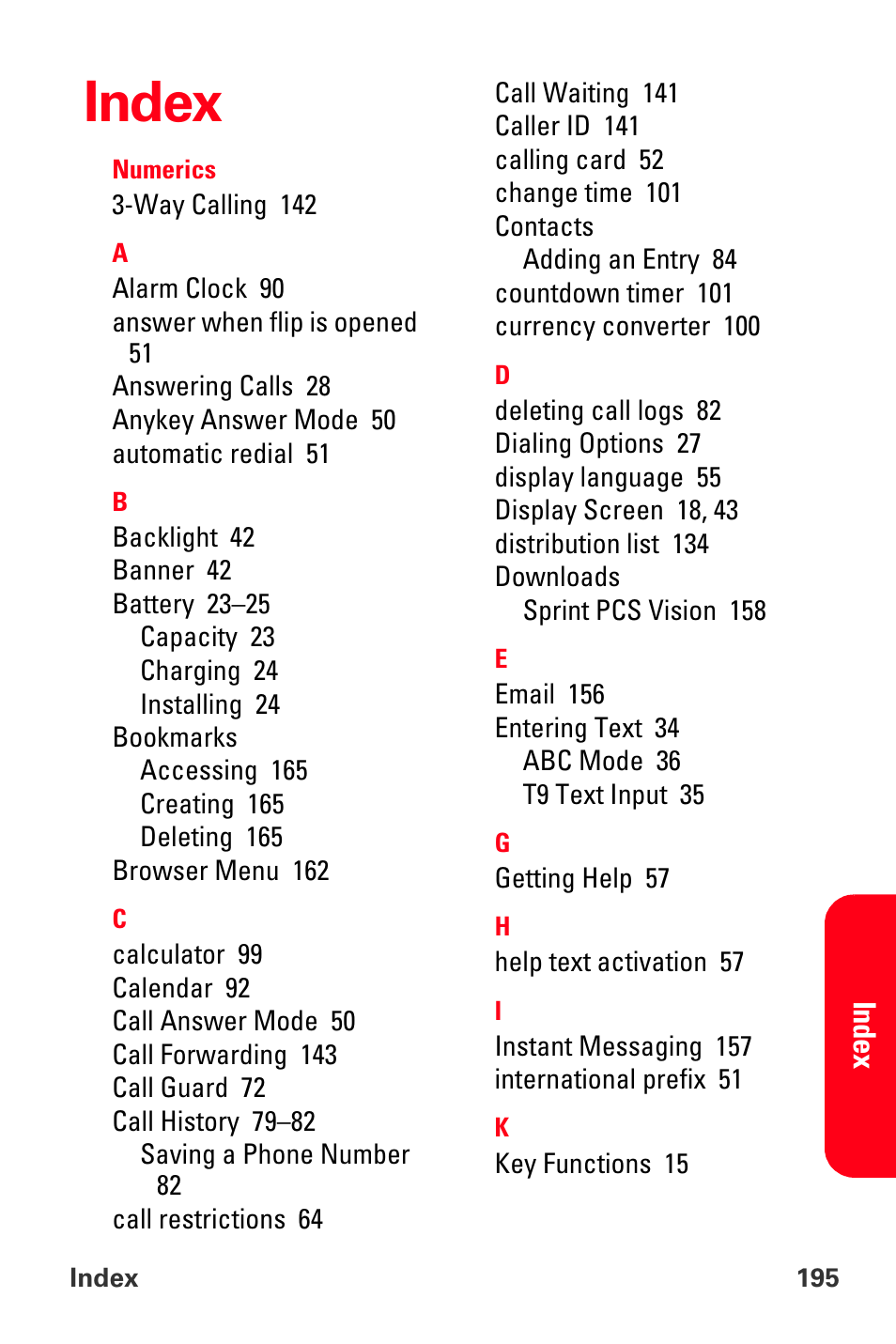 Index | Sprint Nextel PCS VI-3155I User Manual | Page 207 / 209