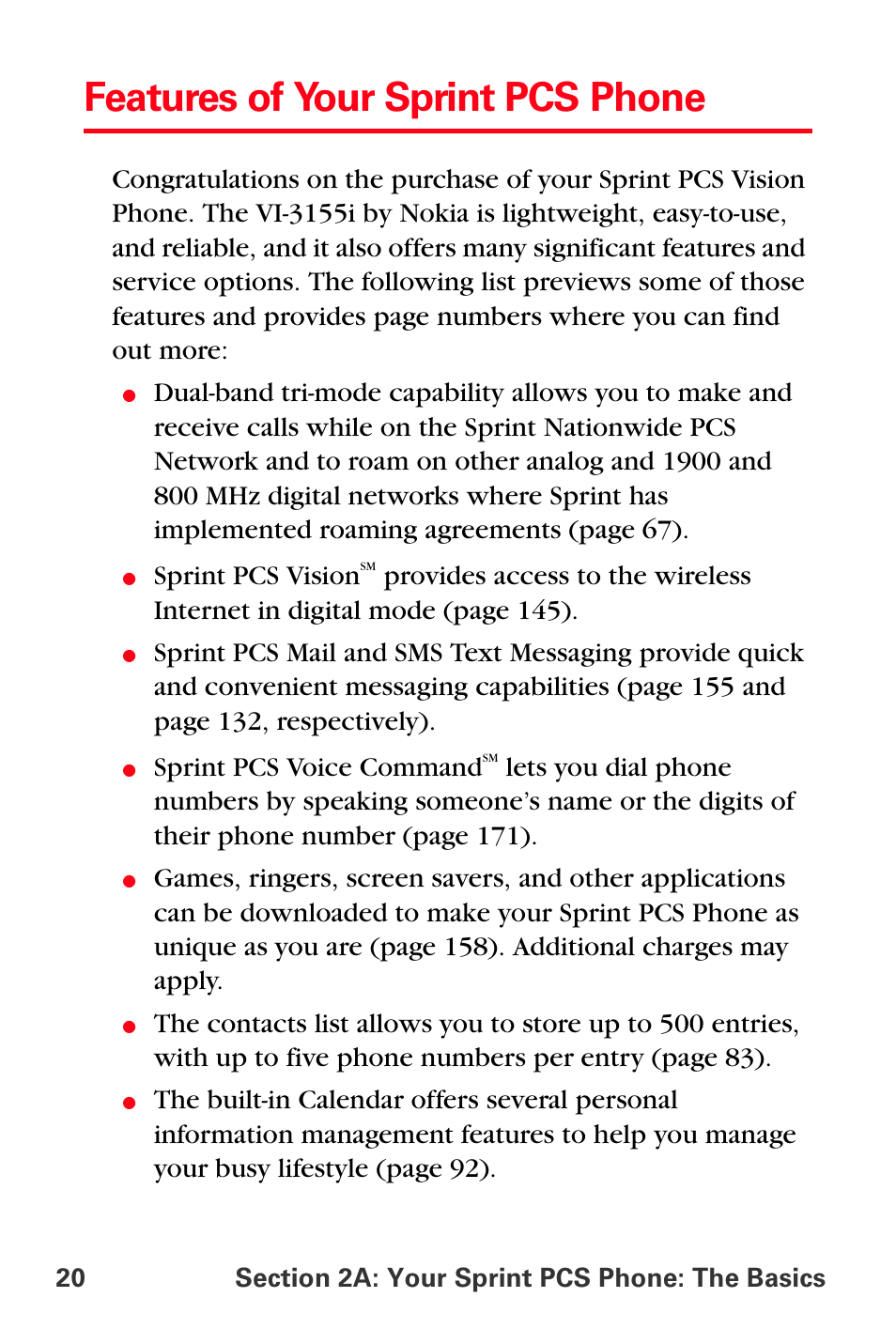 Features of your sprint pcs phone, Sprint pcs vision, Sprint pcs voice command | Sprint Nextel PCS VI-3155I User Manual | Page 32 / 209