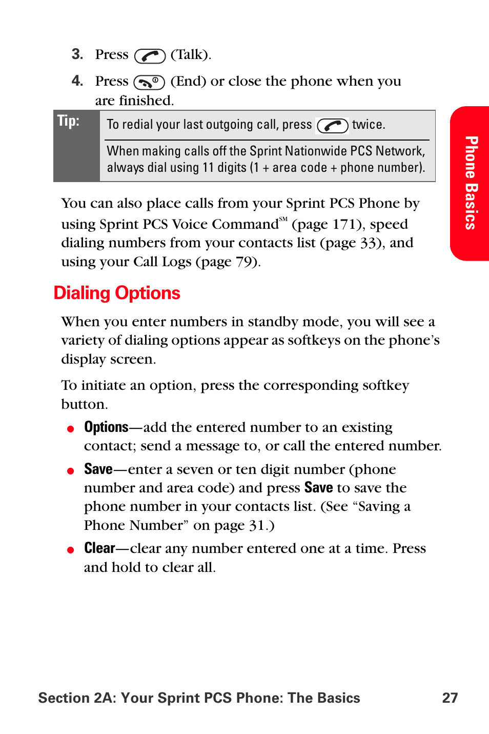 Dialing options, Pho ne basi cs | Sprint Nextel PCS VI-3155I User Manual | Page 39 / 209