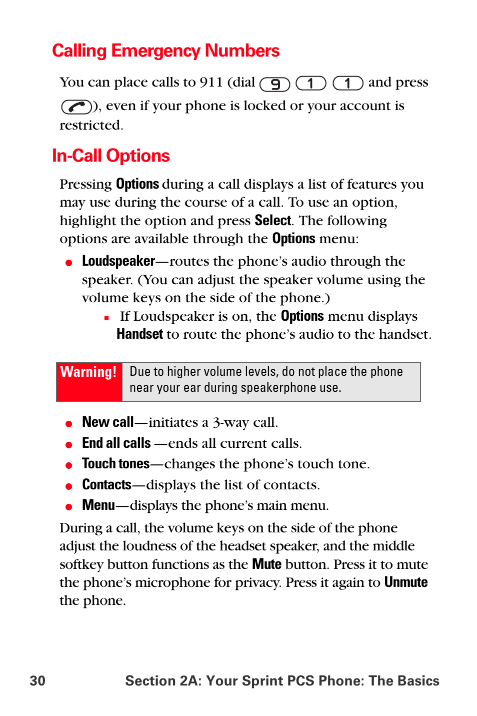 Calling emergency numbers, In-call options | Sprint Nextel PCS VI-3155I User Manual | Page 42 / 209