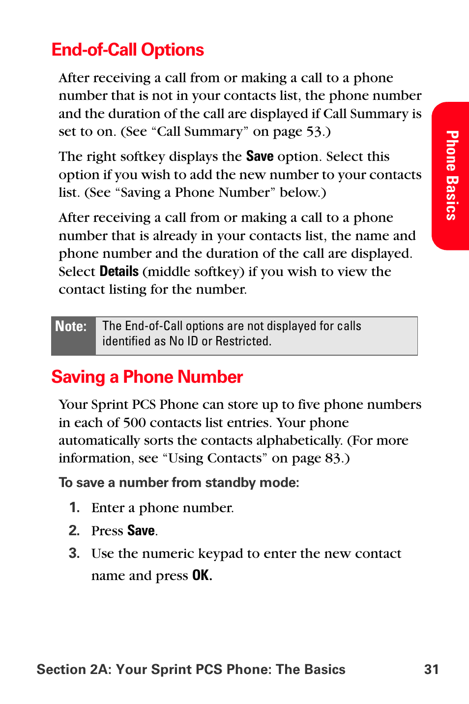 End-of-call options, Saving a phone number | Sprint Nextel PCS VI-3155I User Manual | Page 43 / 209