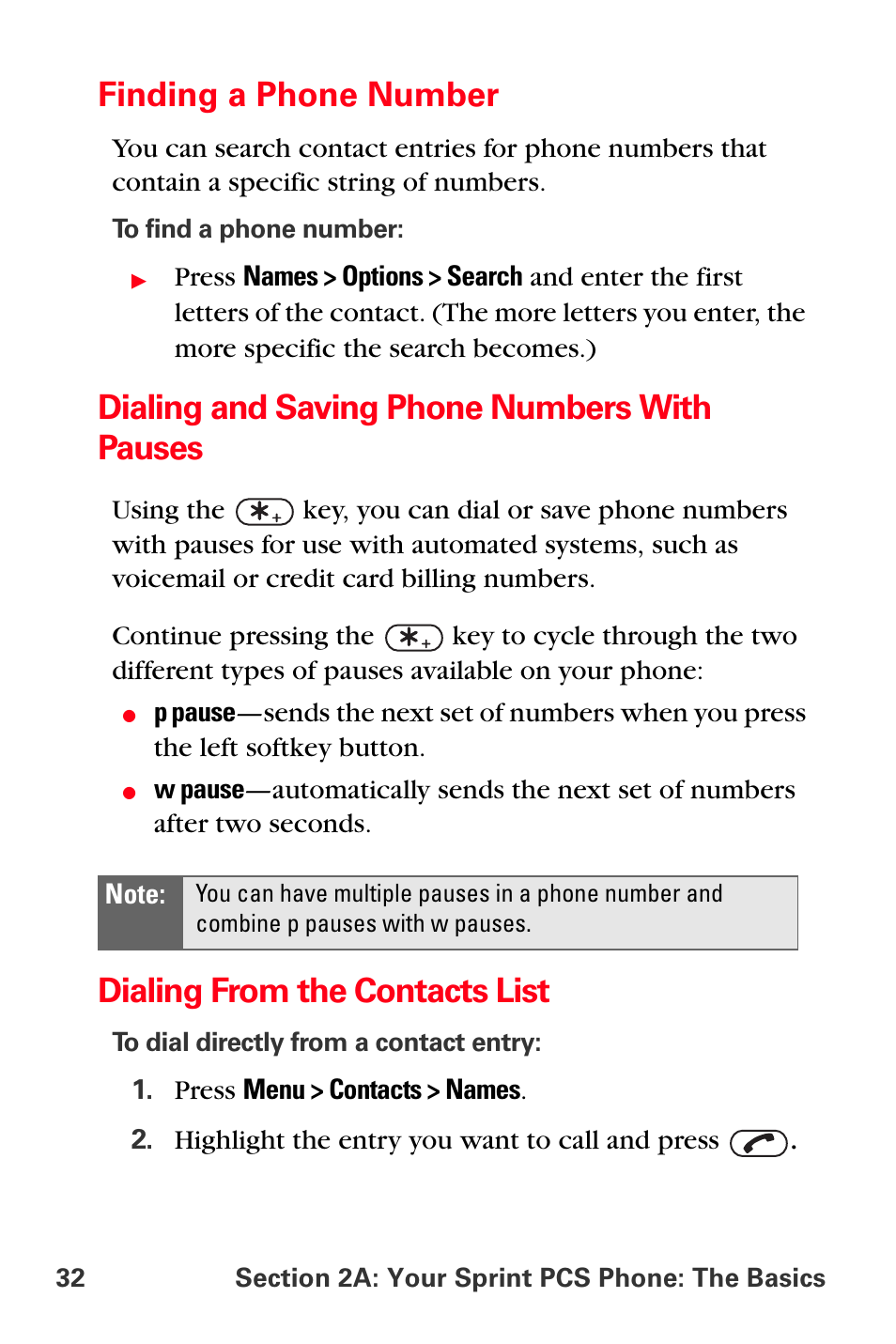 Finding a phone number, Dialing and saving phone numbers with pauses, Dialing from the contacts list | Sprint Nextel PCS VI-3155I User Manual | Page 44 / 209