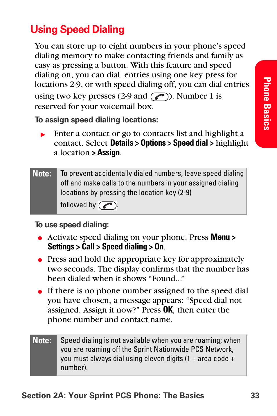 Using speed dialing, Pho ne basi cs | Sprint Nextel PCS VI-3155I User Manual | Page 45 / 209