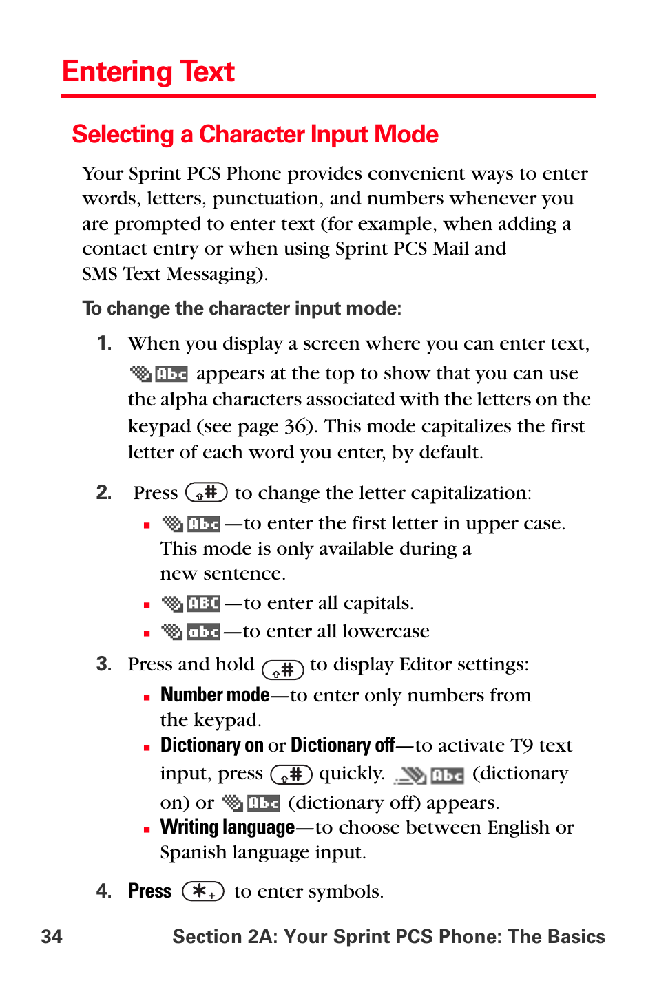 Entering text, Selecting a character input mode | Sprint Nextel PCS VI-3155I User Manual | Page 46 / 209