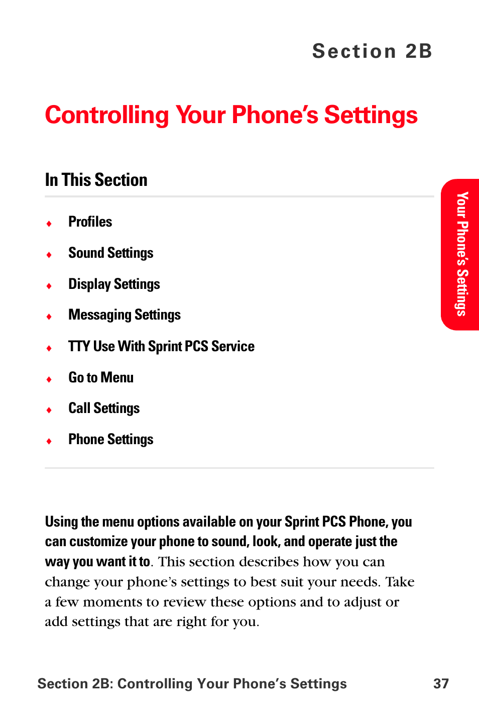 Controlling your phone’s settings, 2b. controlling your phone’s settings | Sprint Nextel PCS VI-3155I User Manual | Page 49 / 209