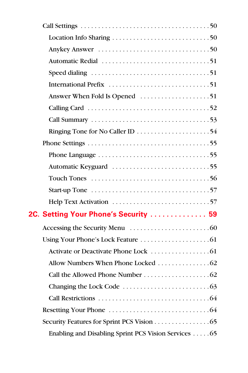 2c. setting your phone’s security 59 | Sprint Nextel PCS VI-3155I User Manual | Page 5 / 209