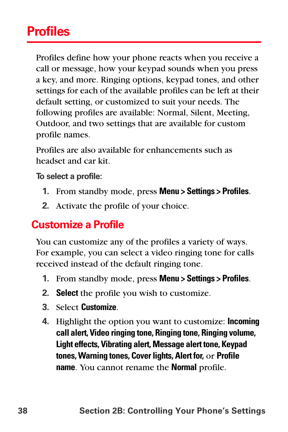 Profiles, Customize a profile | Sprint Nextel PCS VI-3155I User Manual | Page 50 / 209