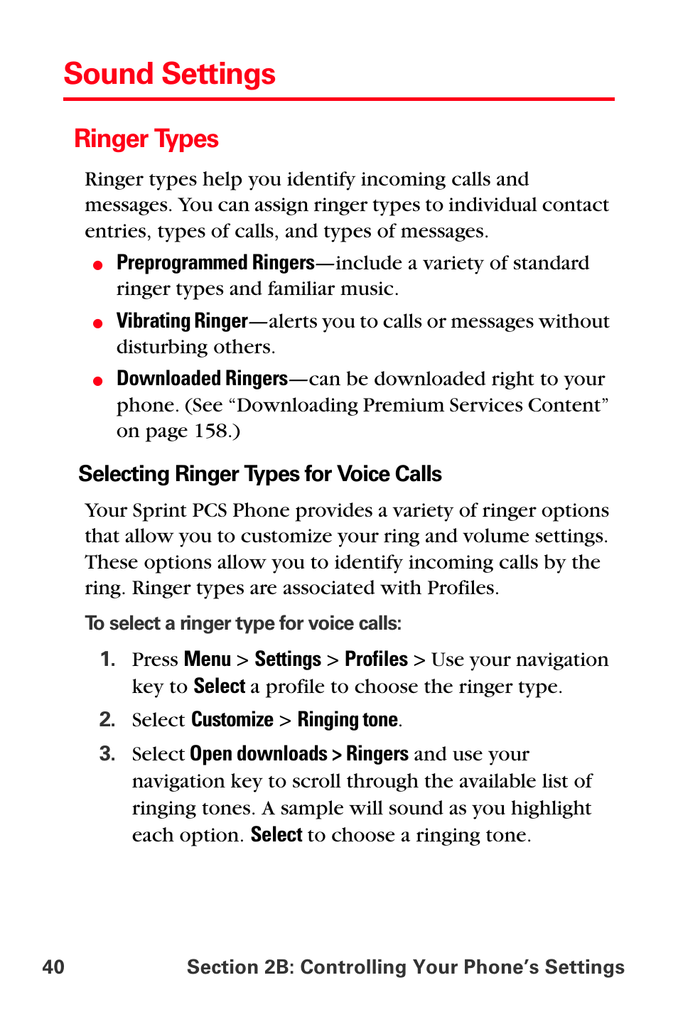 Sound settings, Ringer types | Sprint Nextel PCS VI-3155I User Manual | Page 52 / 209