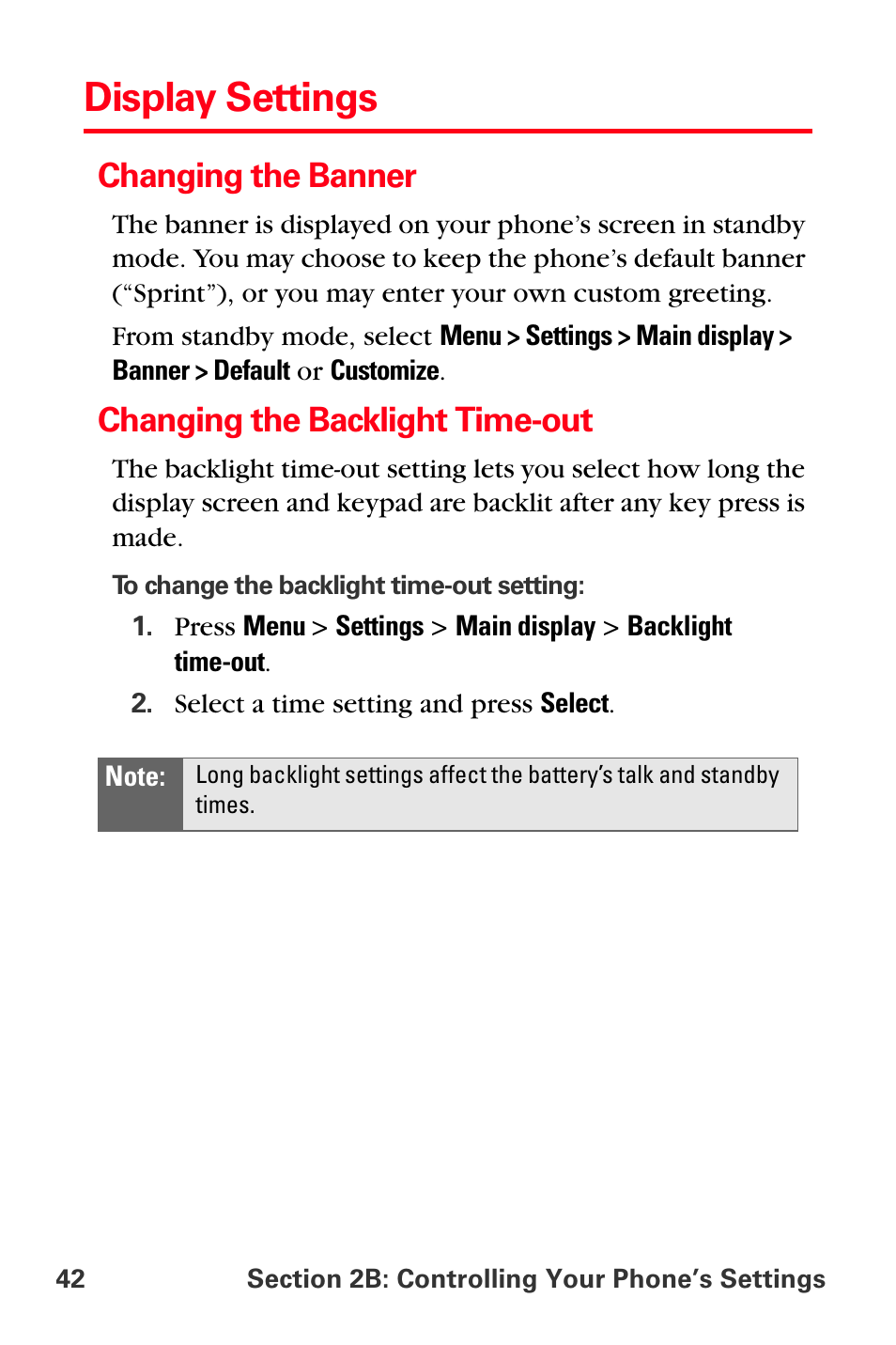 Display settings, Changing the banner, Changing the backlight time-out | Sprint Nextel PCS VI-3155I User Manual | Page 54 / 209