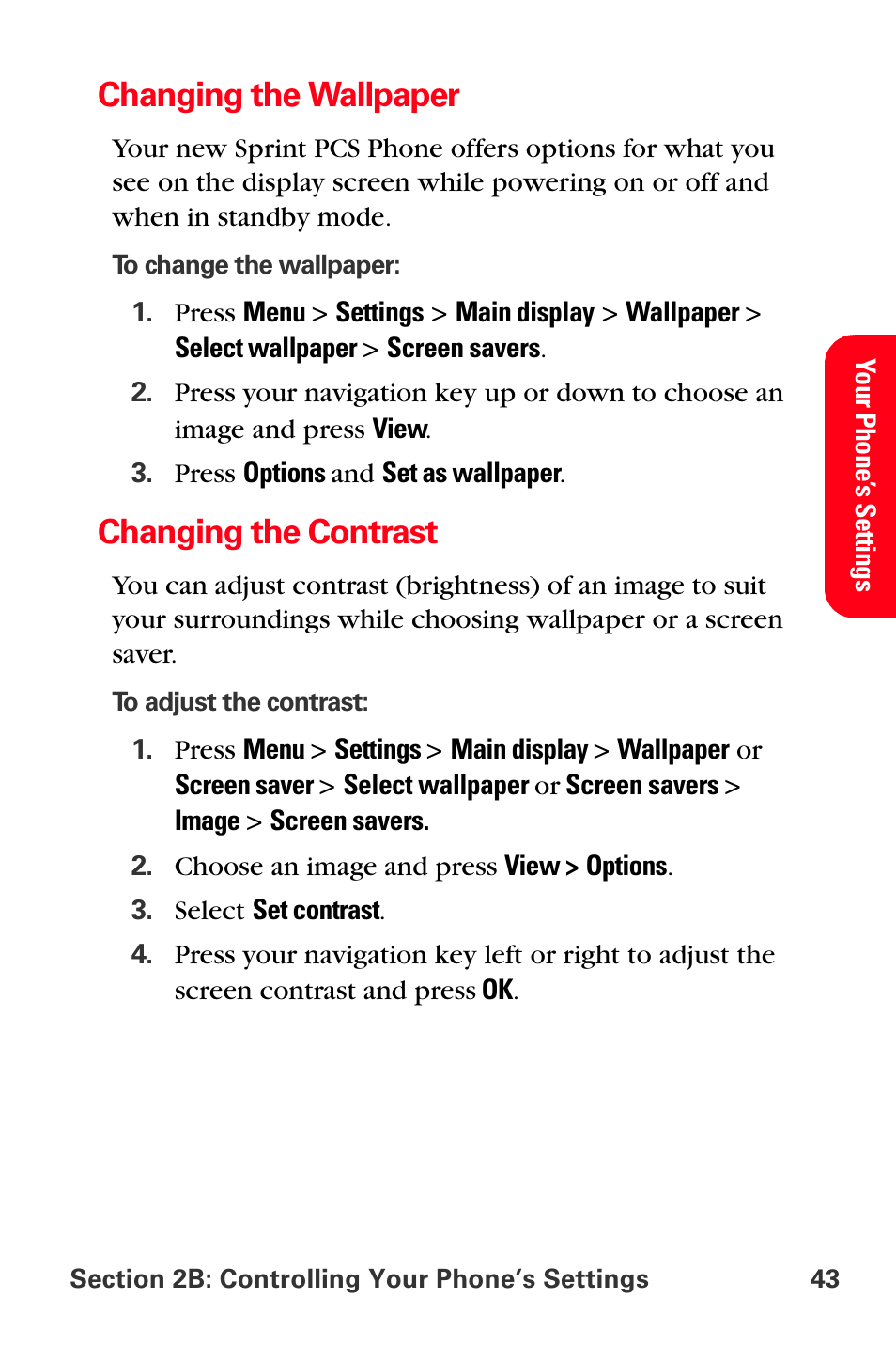 Changing the wallpaper, Changing the contrast | Sprint Nextel PCS VI-3155I User Manual | Page 55 / 209