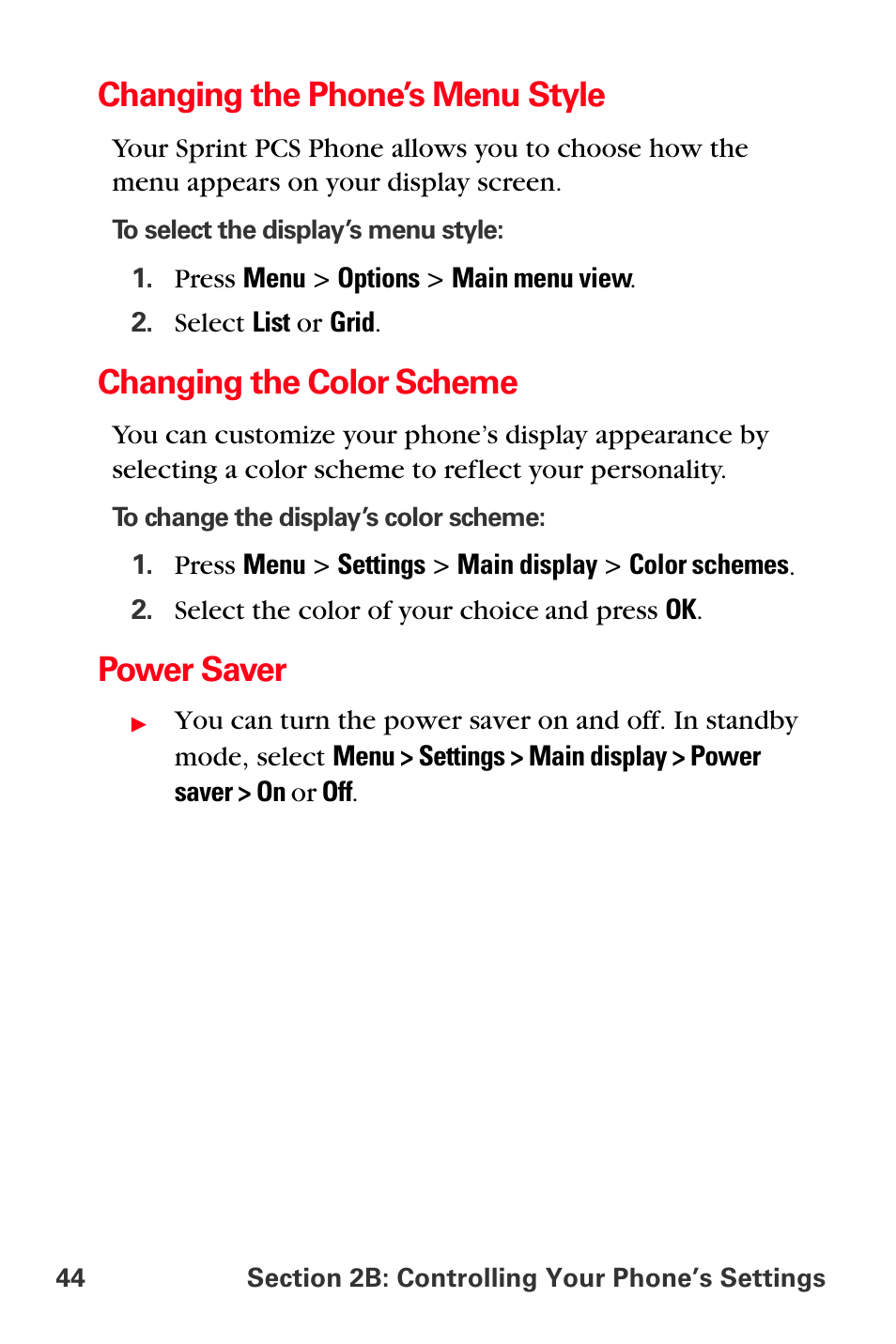Changing the phone’s menu style, Changing the color scheme, Power saver | Sprint Nextel PCS VI-3155I User Manual | Page 56 / 209