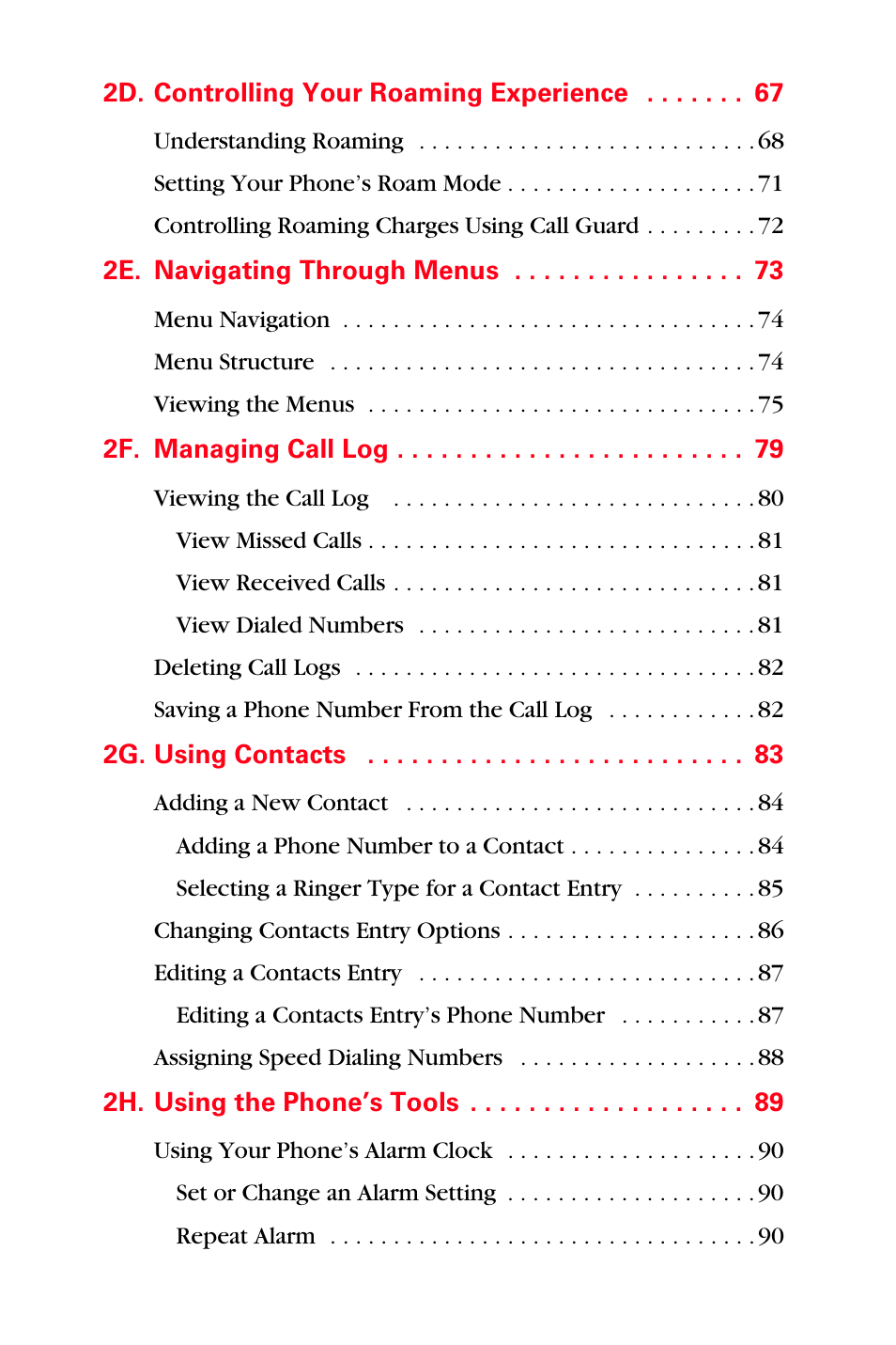 2d. controlling your roaming experience 67, 2e. navigating through menus 73, 2f. managing call log 79 | 2g. using contacts 83, 2h. using the phone’s tools 89 | Sprint Nextel PCS VI-3155I User Manual | Page 6 / 209