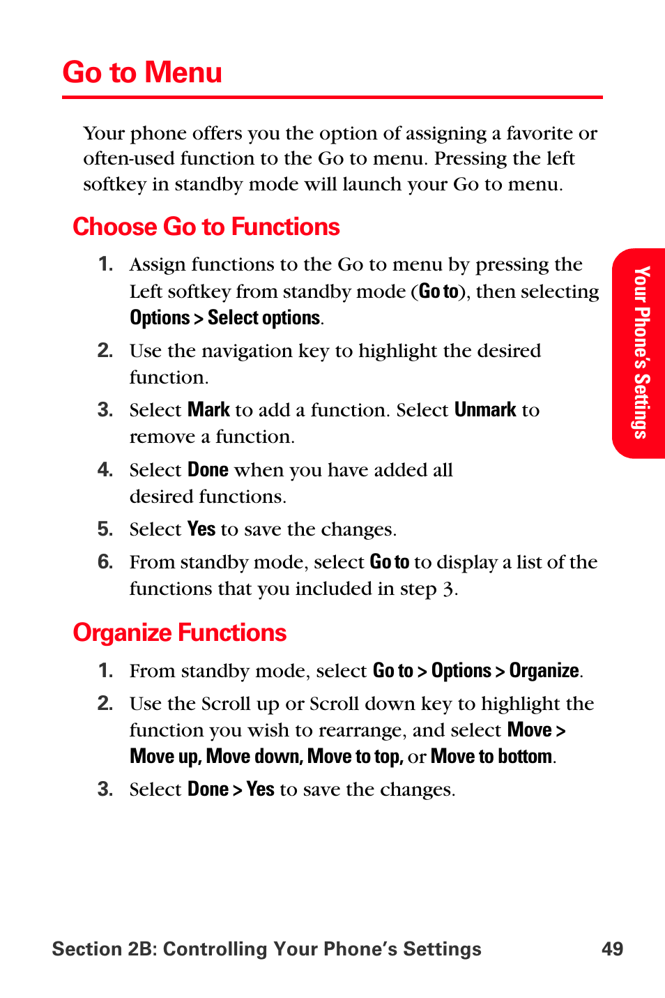 Go to menu, Choose go to functions, Organize functions | Sprint Nextel PCS VI-3155I User Manual | Page 61 / 209