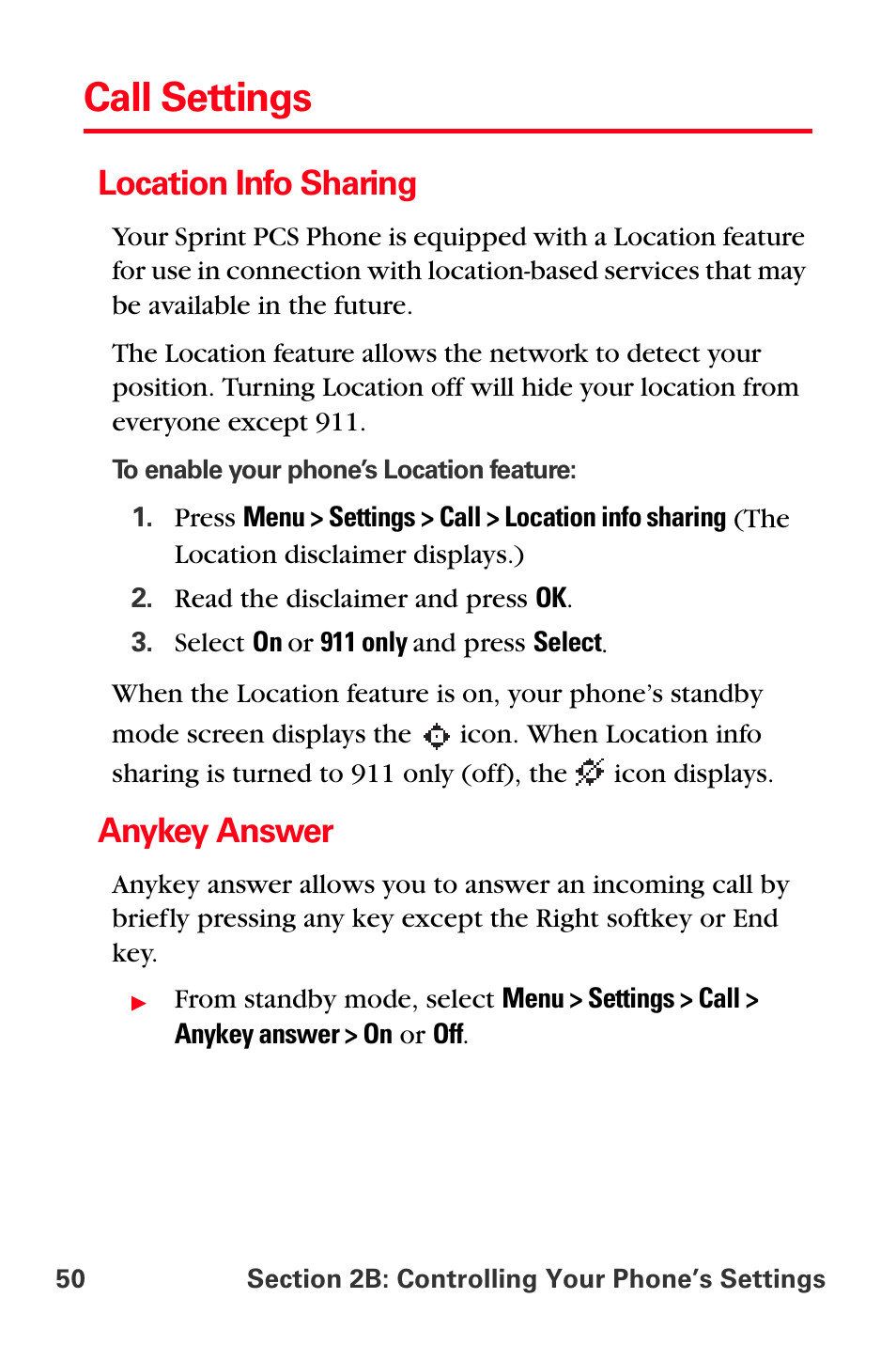 Call settings, Location info sharing, Anykey answer | Sprint Nextel PCS VI-3155I User Manual | Page 62 / 209