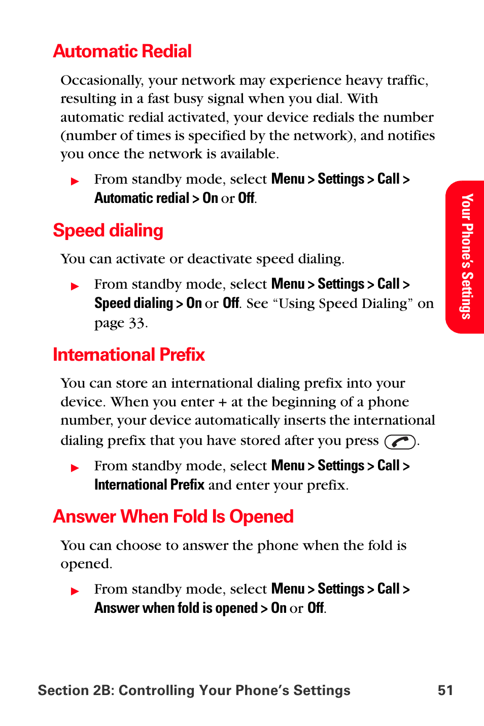 Automatic redial, Speed dialing, International prefix | Answer when fold is opened | Sprint Nextel PCS VI-3155I User Manual | Page 63 / 209