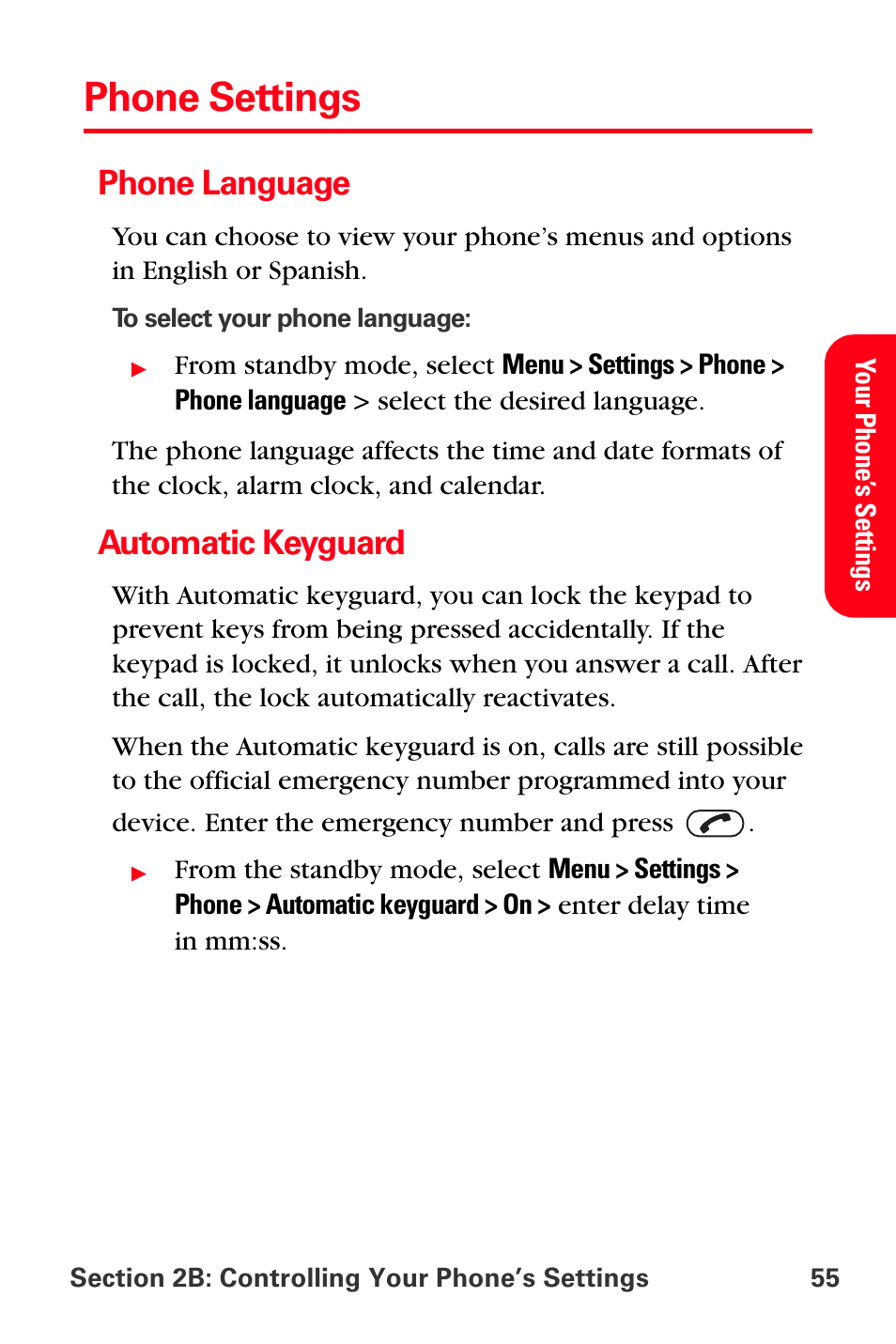 Phone settings, Phone language, Automatic keyguard | Sprint Nextel PCS VI-3155I User Manual | Page 67 / 209
