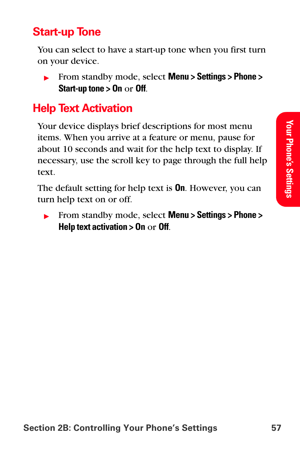 Start-up tone, Help text activation | Sprint Nextel PCS VI-3155I User Manual | Page 69 / 209