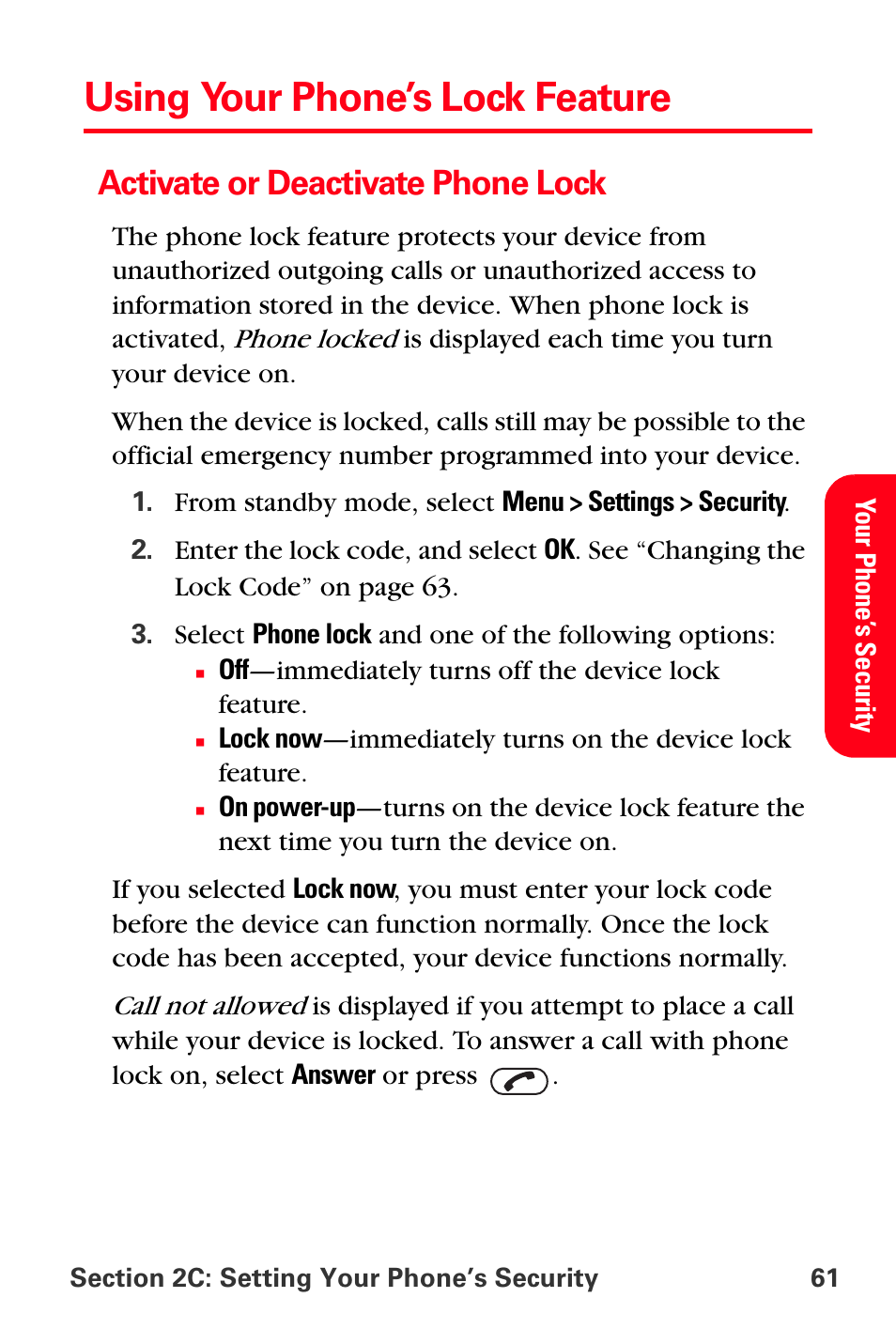 Using your phone’s lock feature, Activate or deactivate phone lock | Sprint Nextel PCS VI-3155I User Manual | Page 73 / 209