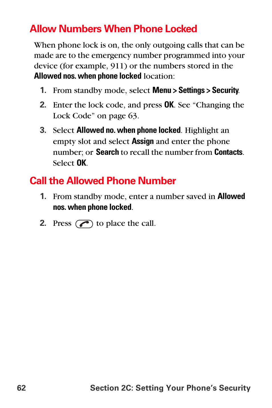 Allow numbers when phone locked, Call the allowed phone number | Sprint Nextel PCS VI-3155I User Manual | Page 74 / 209