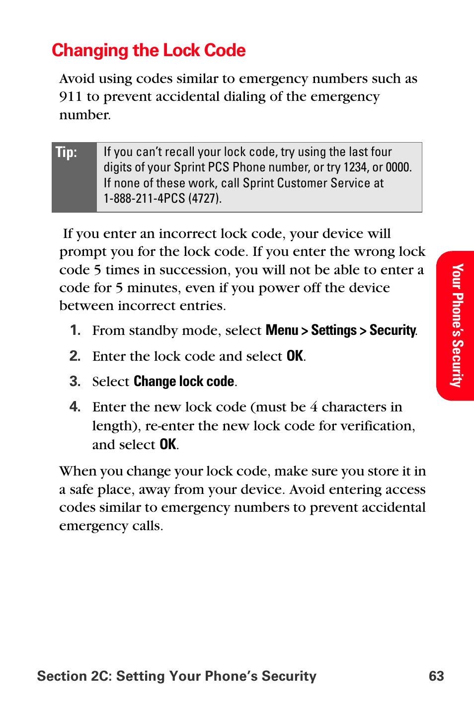 Changing the lock code | Sprint Nextel PCS VI-3155I User Manual | Page 75 / 209