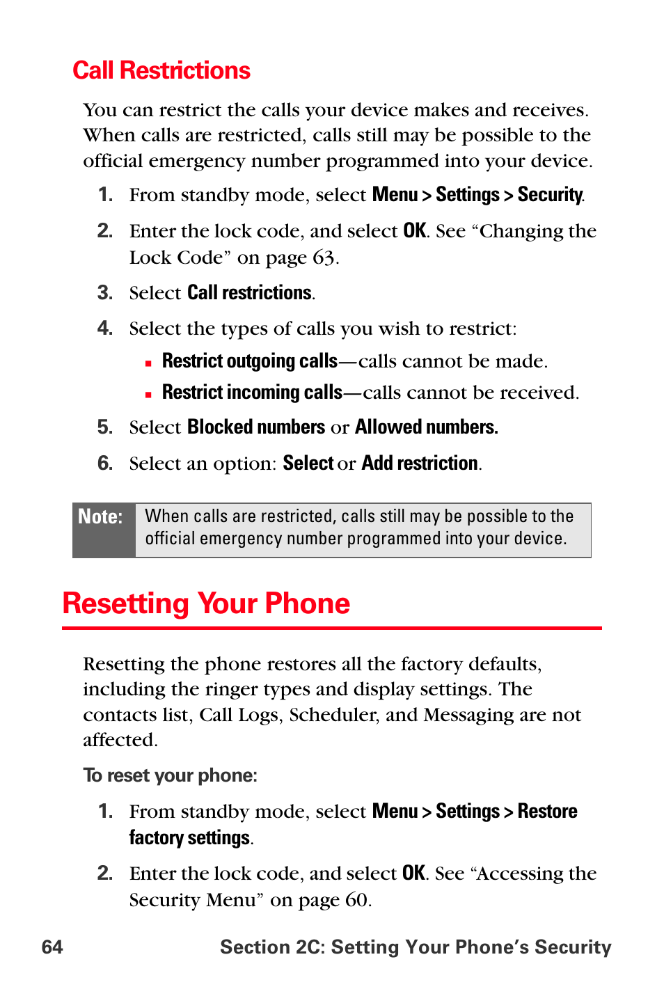 Call restrictions, Resetting your phone, Rese | Sprint Nextel PCS VI-3155I User Manual | Page 76 / 209