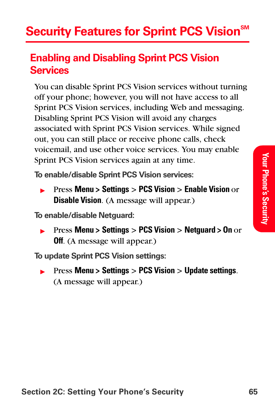 Security features for sprint pcs visionsm, Enabling and disabling sprint pcs vision services, Security features for sprint pcs vision | Sprint Nextel PCS VI-3155I User Manual | Page 77 / 209