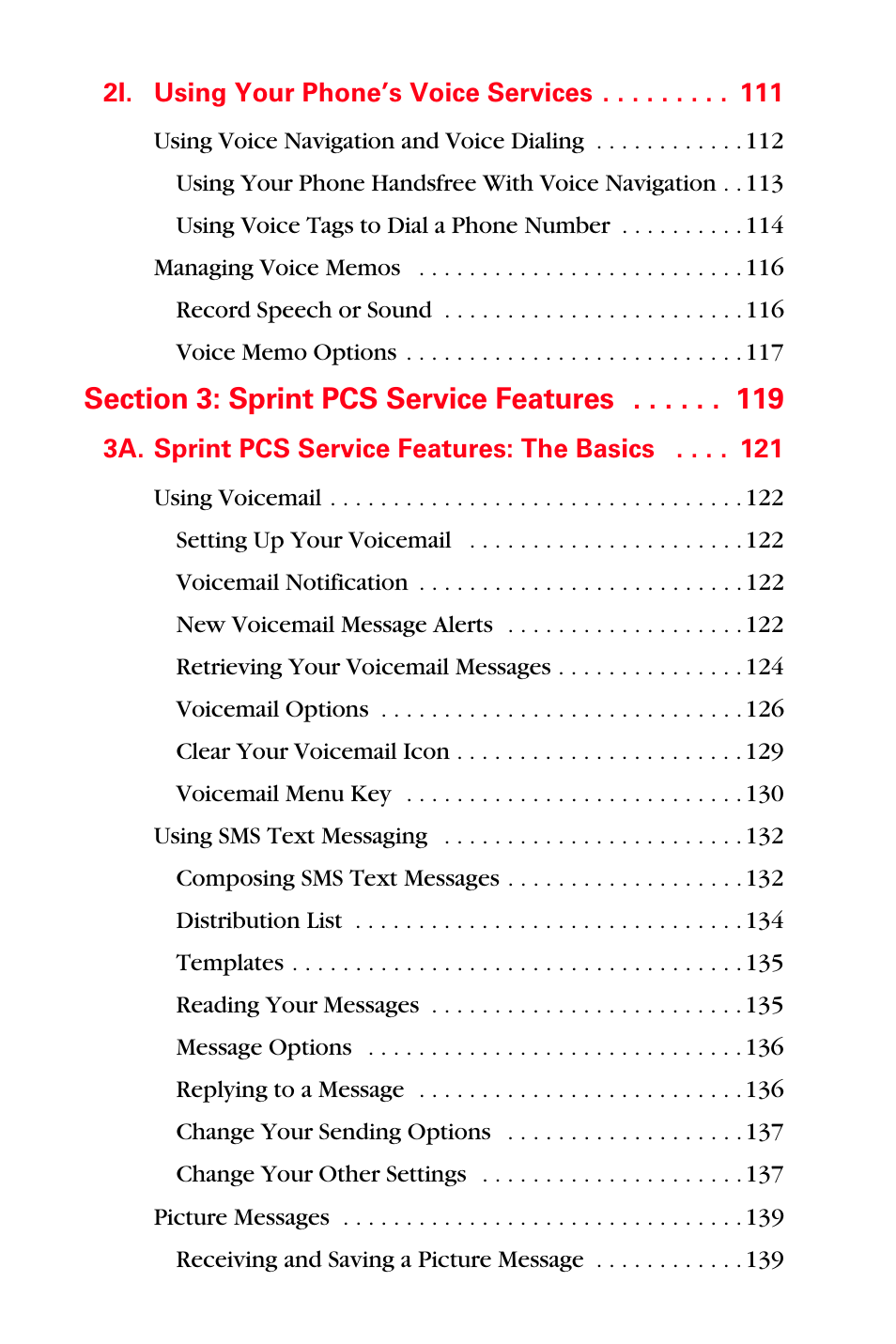 2i. using your phone’s voice services 111, Section 3: sprint pcs service features 119, 3a. sprint pcs service features: the basics 121 | Sprint Nextel PCS VI-3155I User Manual | Page 8 / 209