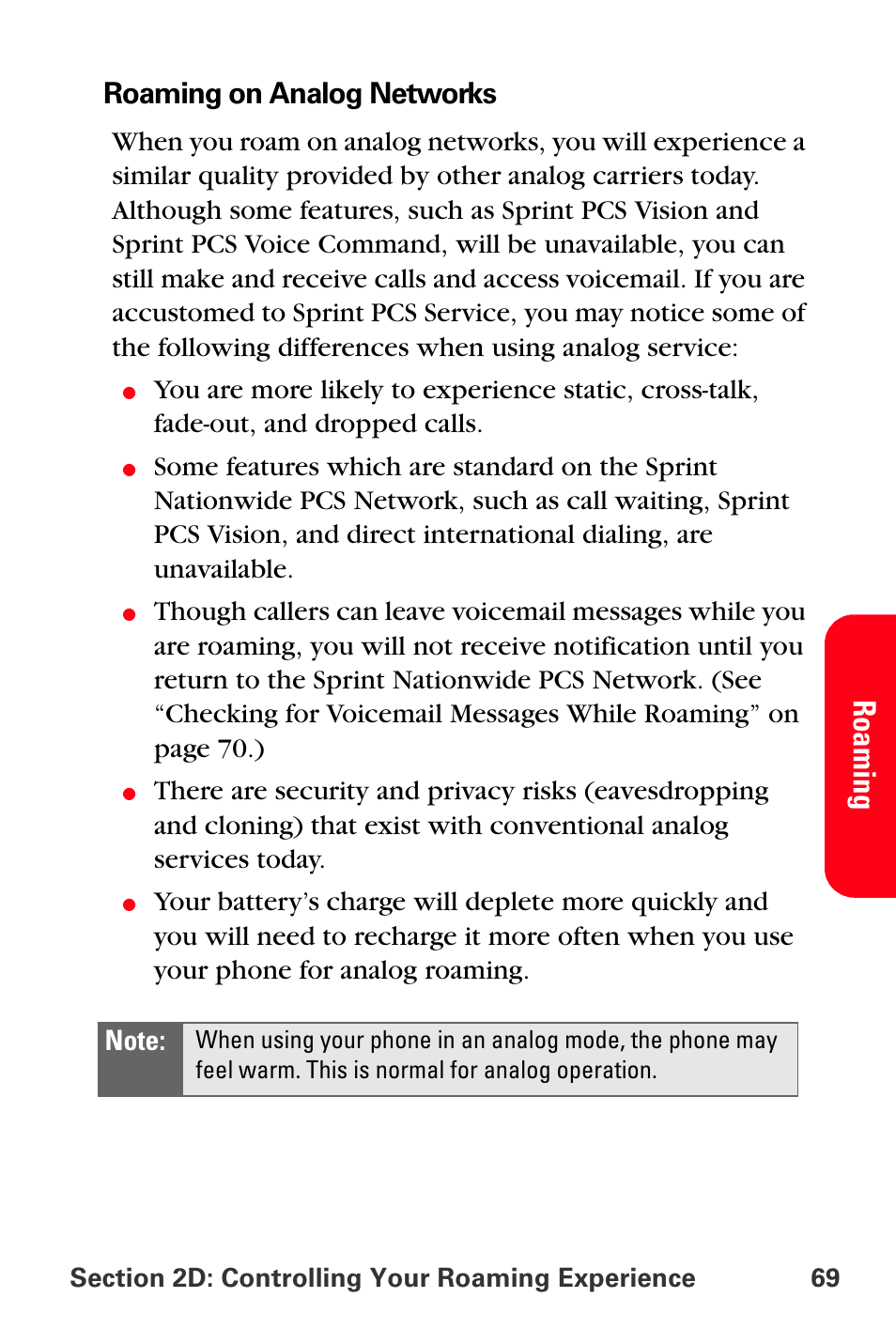 Roam ing, Roaming on analog networks | Sprint Nextel PCS VI-3155I User Manual | Page 81 / 209