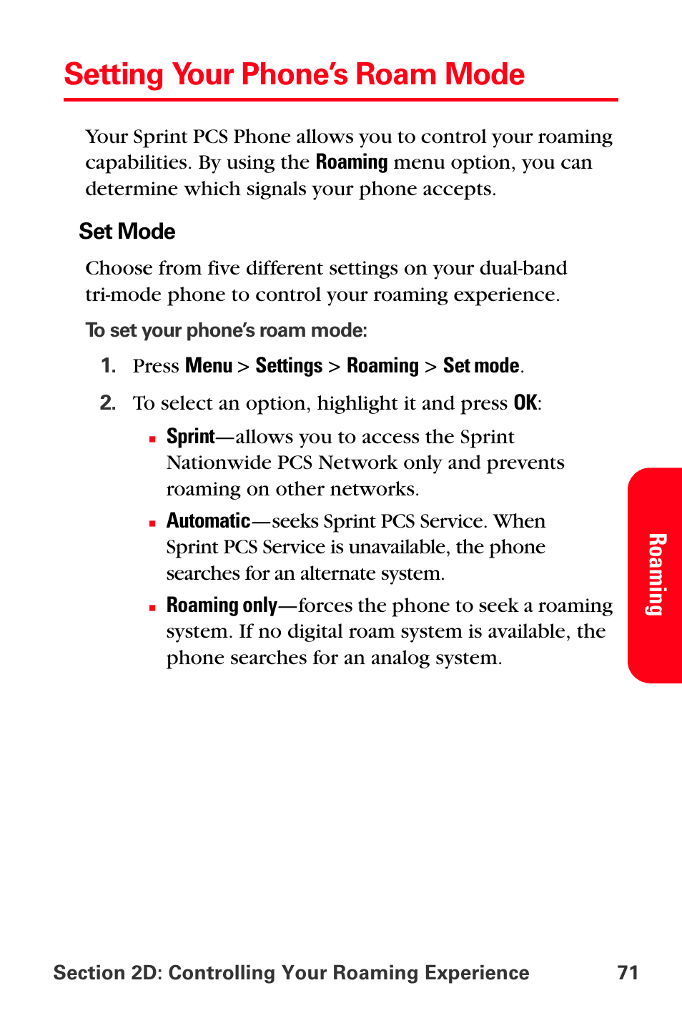 Setting your phone’s roam mode, Roam ing | Sprint Nextel PCS VI-3155I User Manual | Page 83 / 209