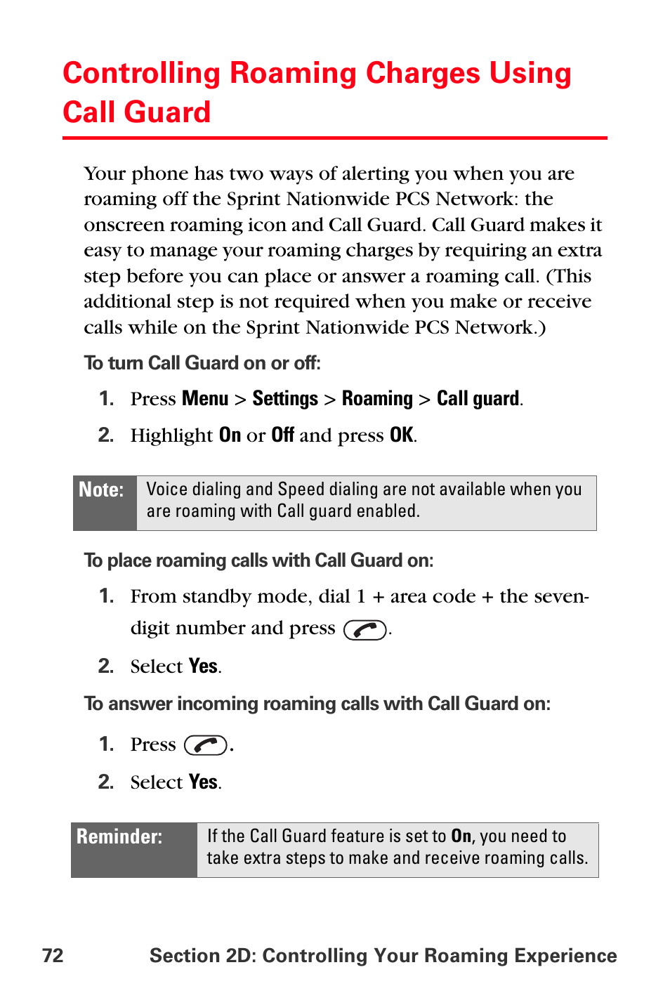 Controlling roaming charges using call guard | Sprint Nextel PCS VI-3155I User Manual | Page 84 / 209