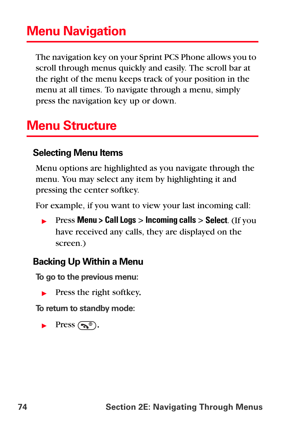 Menu navigation, Menu structure | Sprint Nextel PCS VI-3155I User Manual | Page 86 / 209