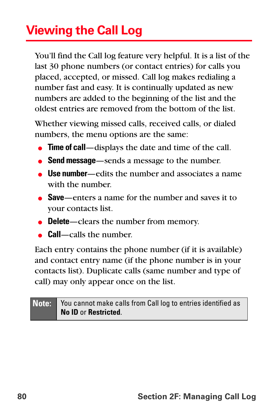 Viewing the call log, Send message —sends a message to the number | Sprint Nextel PCS VI-3155I User Manual | Page 92 / 209