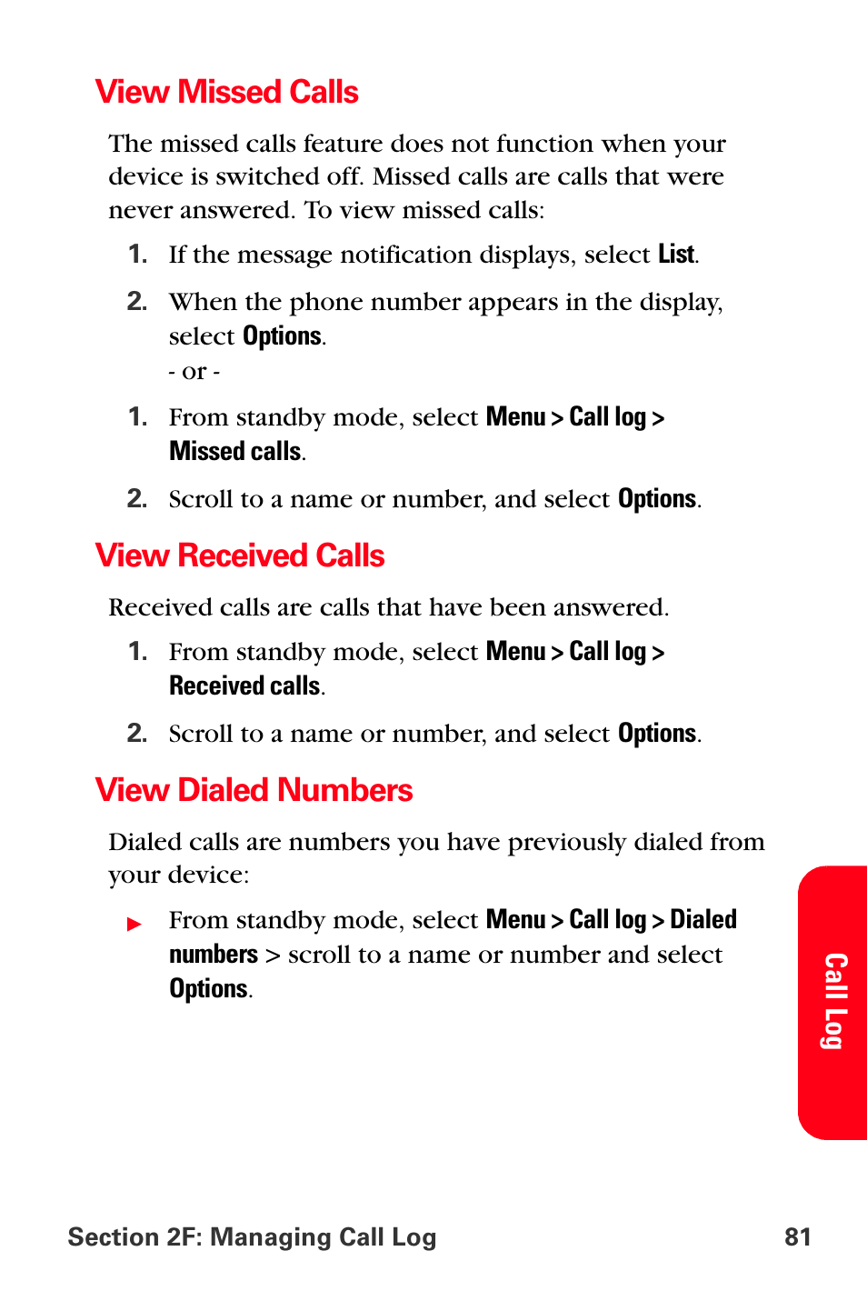 View missed calls, View received calls, View dialed numbers | Sprint Nextel PCS VI-3155I User Manual | Page 93 / 209