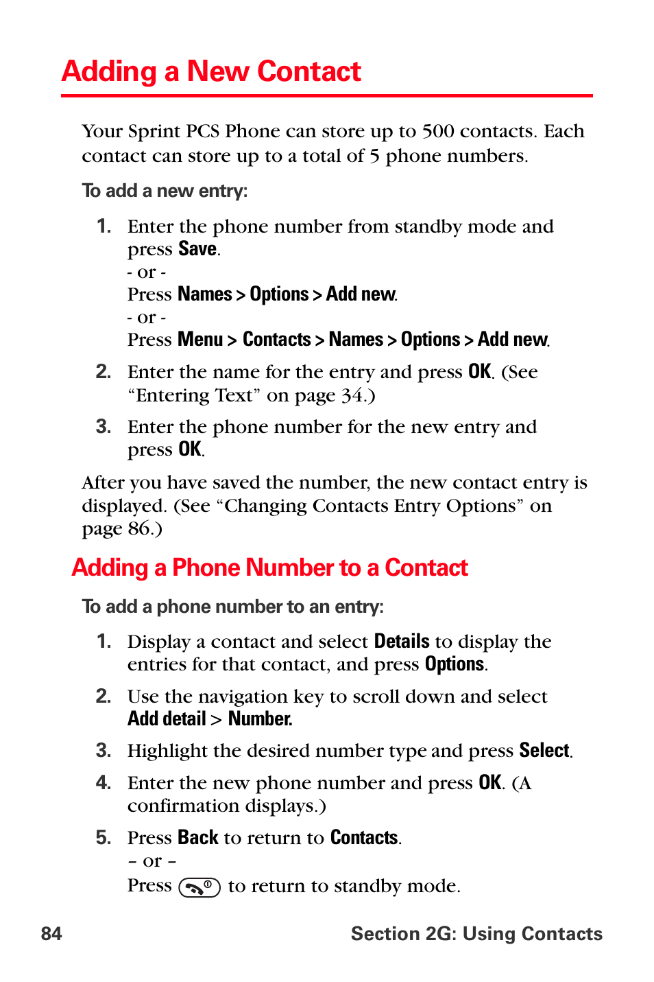 Adding a new contact, Adding a phone number to a contact | Sprint Nextel PCS VI-3155I User Manual | Page 96 / 209