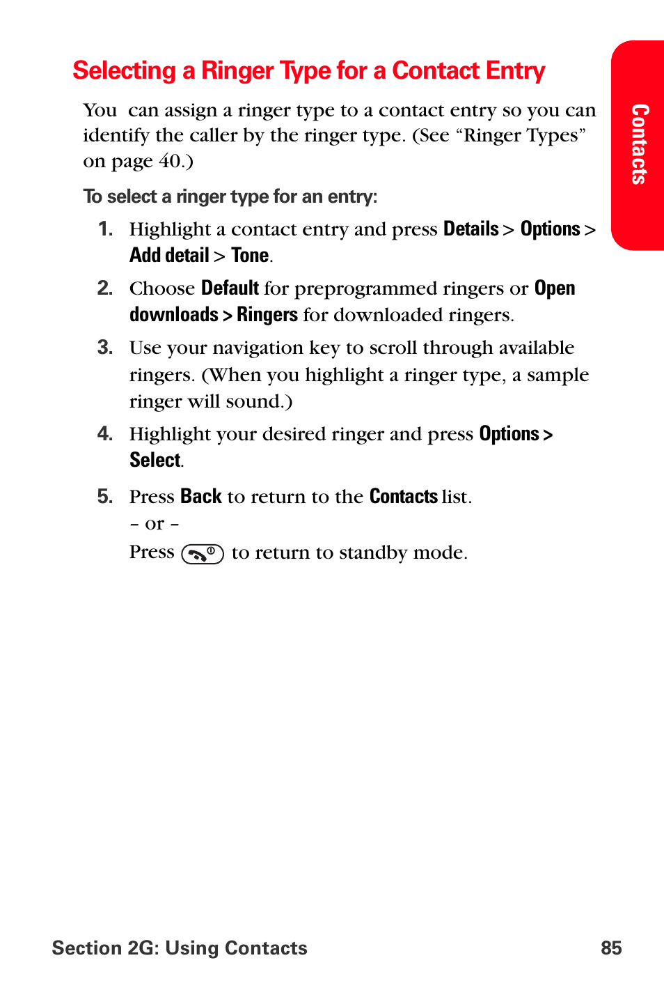 Selecting a ringer type for a contact entry | Sprint Nextel PCS VI-3155I User Manual | Page 97 / 209