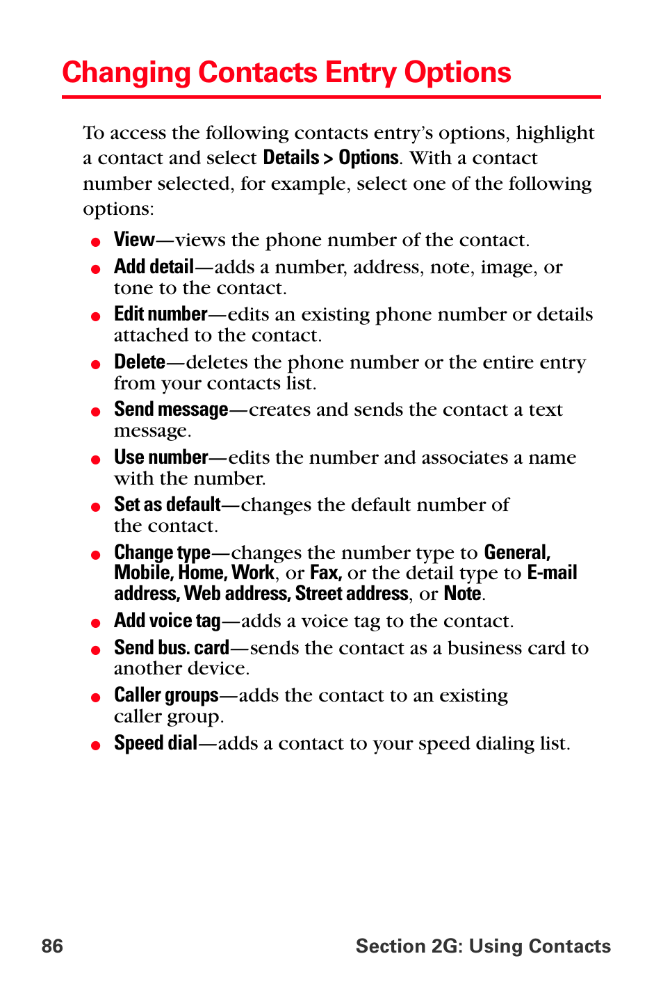 Changing contacts entry options, View —views the phone number of the contact, Add voice tag —adds a voice tag to the contact | Sprint Nextel PCS VI-3155I User Manual | Page 98 / 209