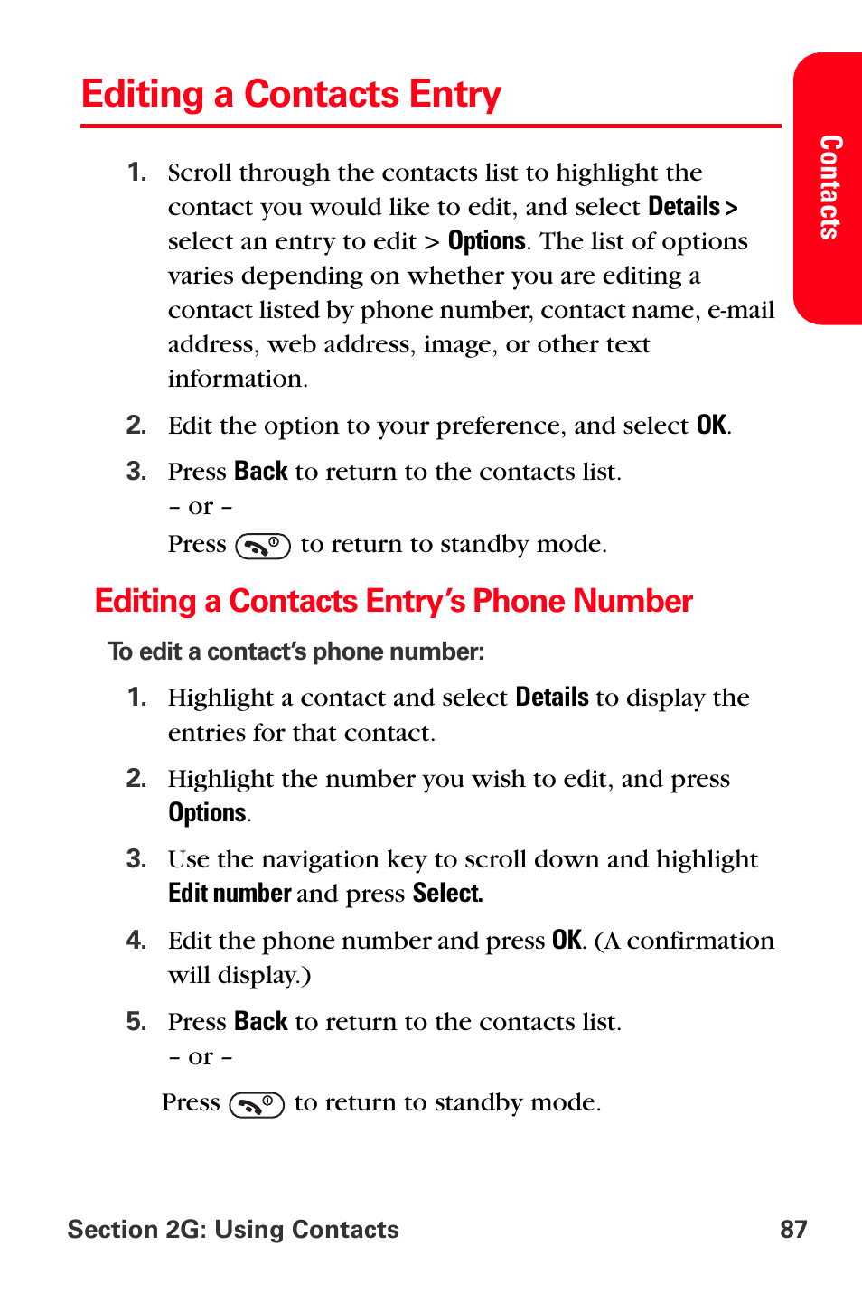 Editing a contacts entry, Editing a contacts entry’s phone number | Sprint Nextel PCS VI-3155I User Manual | Page 99 / 209