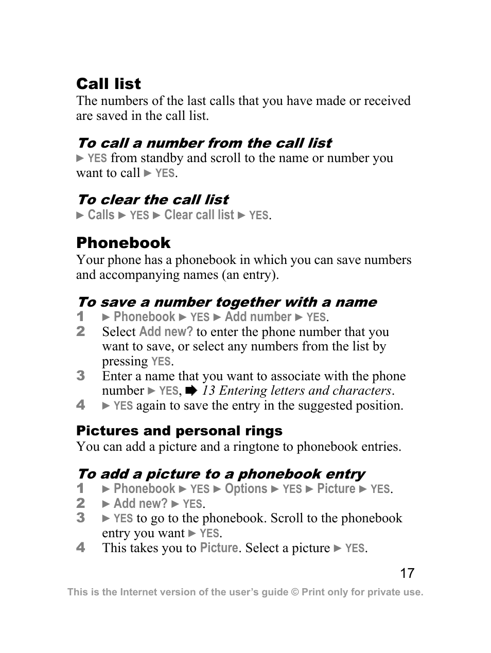 Call list, Phonebook | Sprint Nextel J23OI User Manual | Page 18 / 88