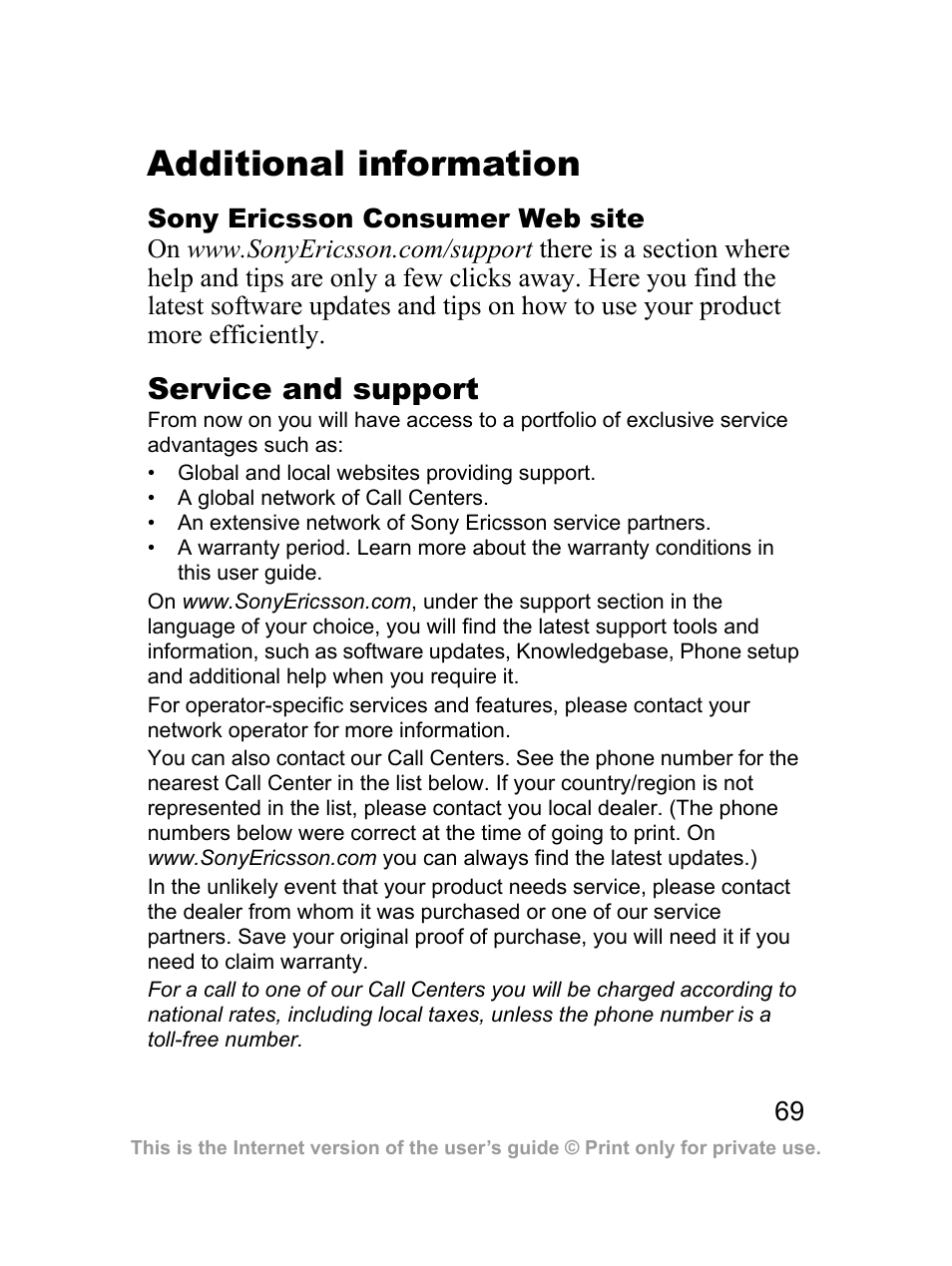 Additional information, Service and support | Sprint Nextel J23OI User Manual | Page 70 / 88