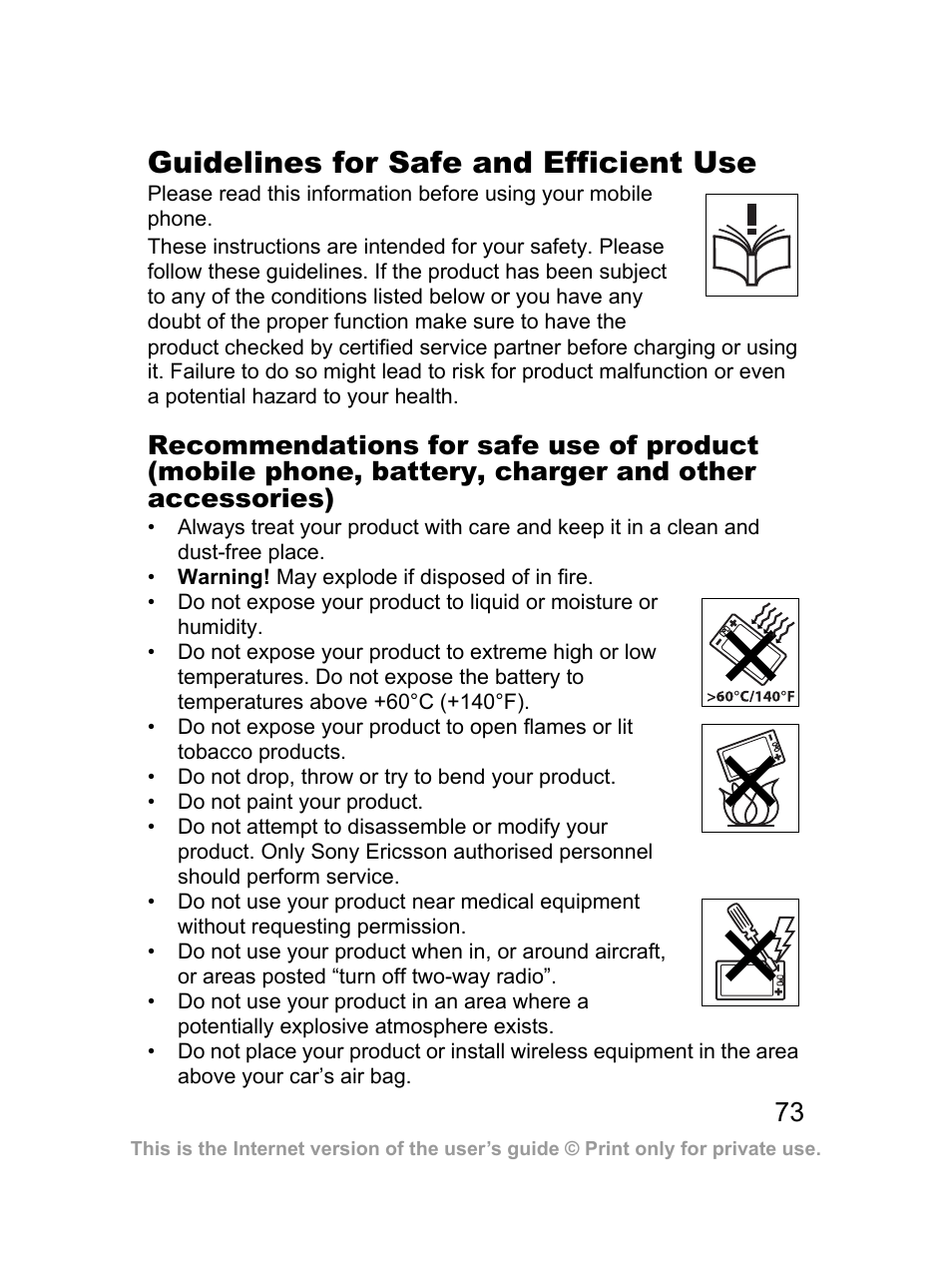 Guidelines for safe and efficient use | Sprint Nextel J23OI User Manual | Page 74 / 88