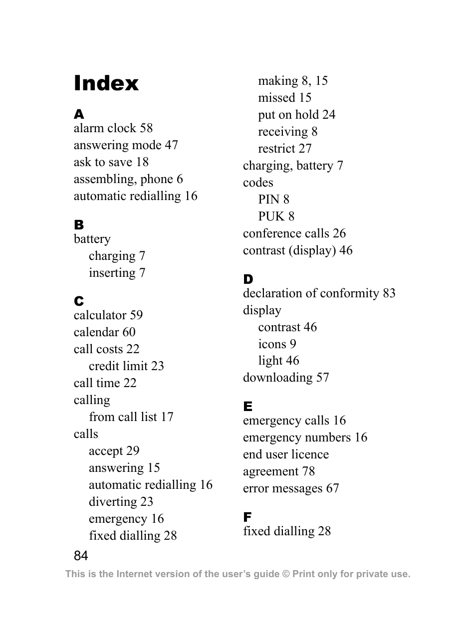 Index | Sprint Nextel J23OI User Manual | Page 85 / 88