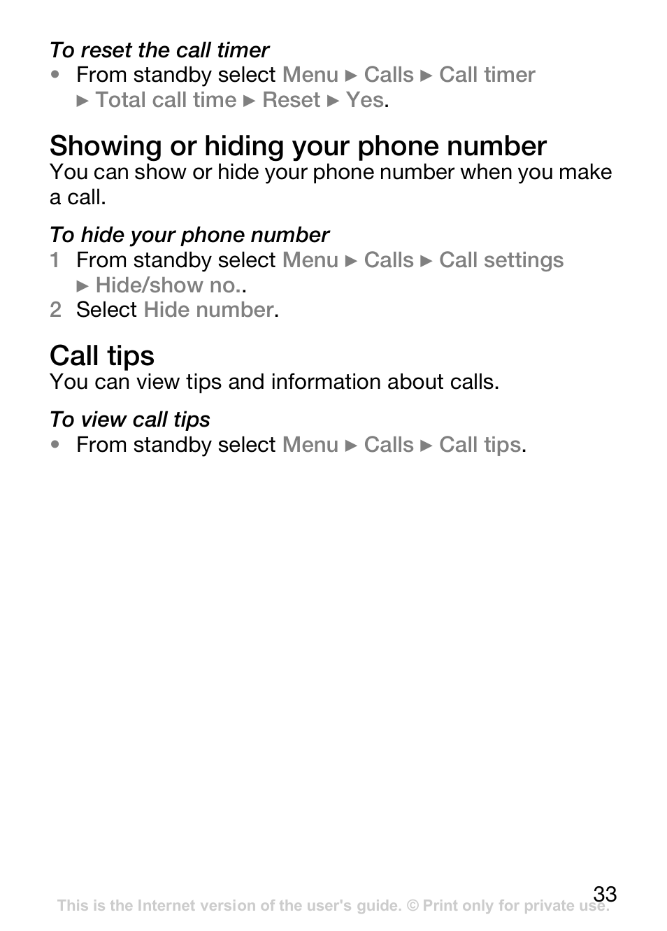 Showing or hiding your phone number, Call tips | Sprint Nextel J120 User Manual | Page 34 / 85