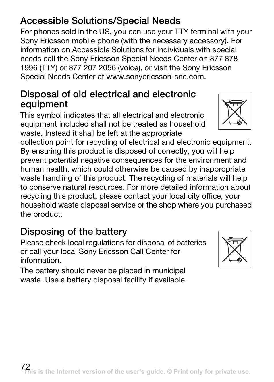 Accessible solutions/special needs, Disposing of the battery | Sprint Nextel J120 User Manual | Page 73 / 85