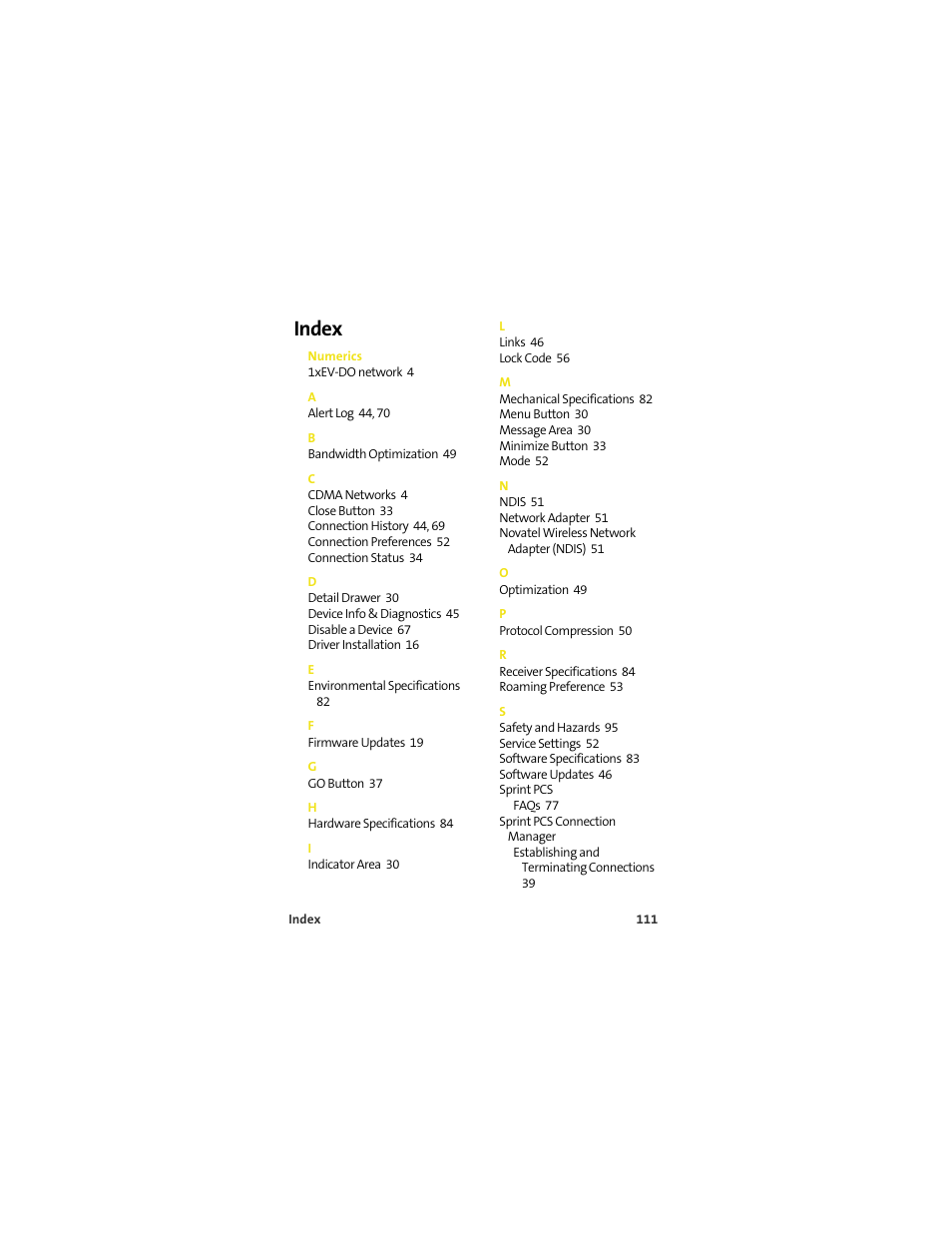 Index, Numerics | Sprint Nextel OVATION U720 User Manual | Page 117 / 119