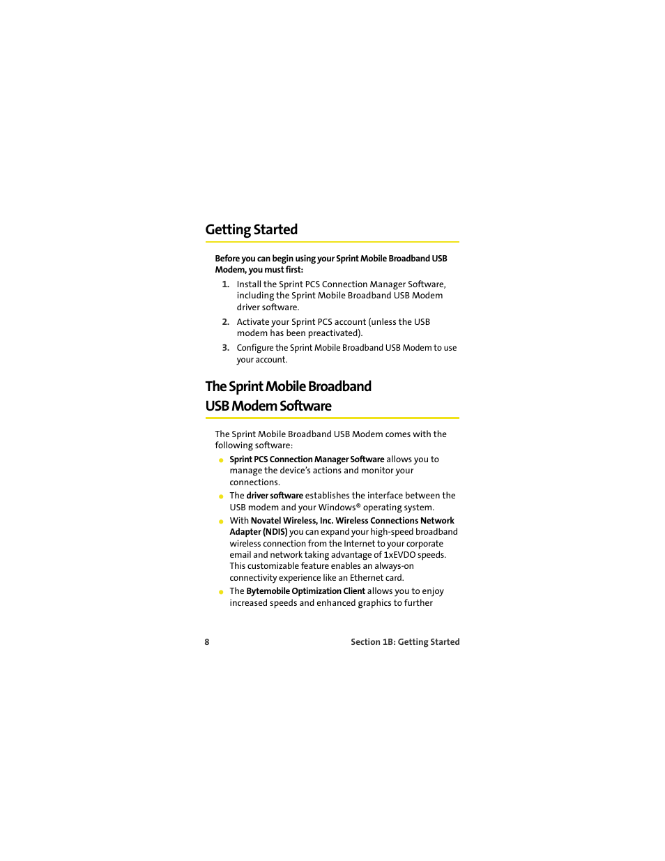 Getting started, The sprint mobile broadband usb modem software | Sprint Nextel OVATION U720 User Manual | Page 14 / 119