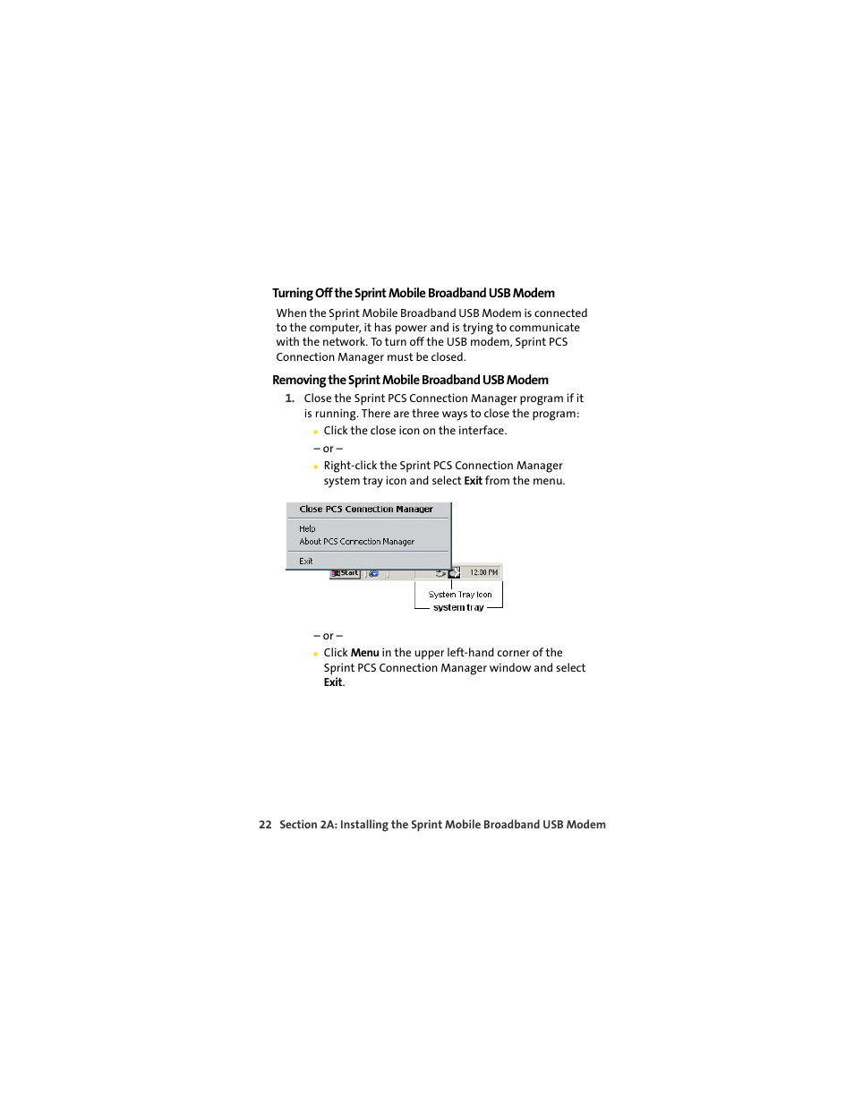 Turning off the sprint mobile broadband usb modem, Removing the sprint mobile broadband usb modem | Sprint Nextel OVATION U720 User Manual | Page 28 / 119