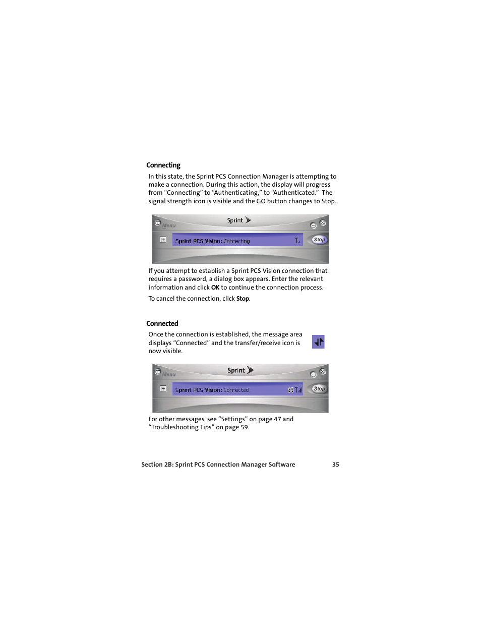 Connecting, Connected | Sprint Nextel OVATION U720 User Manual | Page 41 / 119