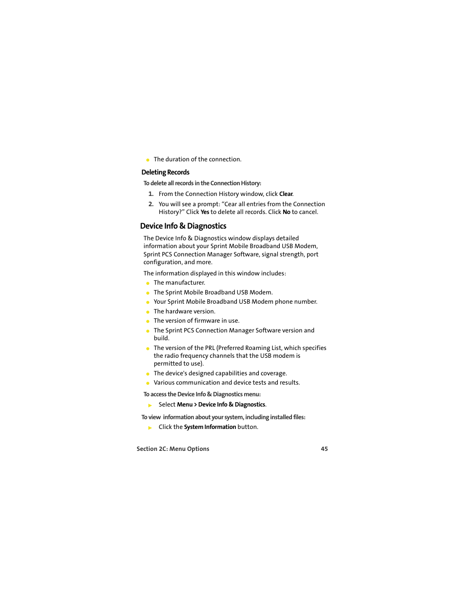 Deleting records, Device info & diagnostics | Sprint Nextel OVATION U720 User Manual | Page 51 / 119