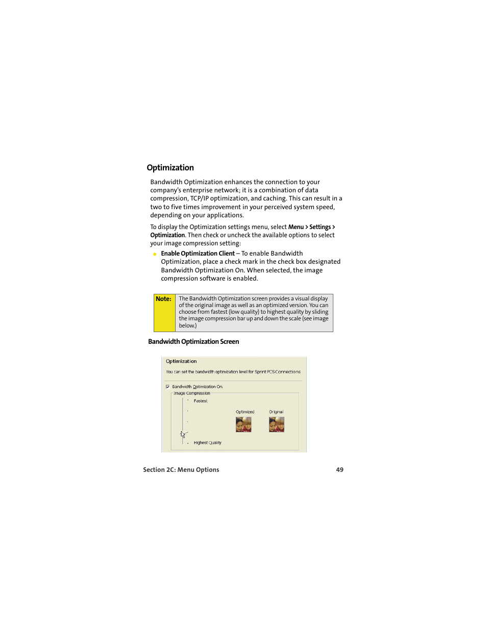 Optimization, Bandwidth optimization screen | Sprint Nextel OVATION U720 User Manual | Page 55 / 119