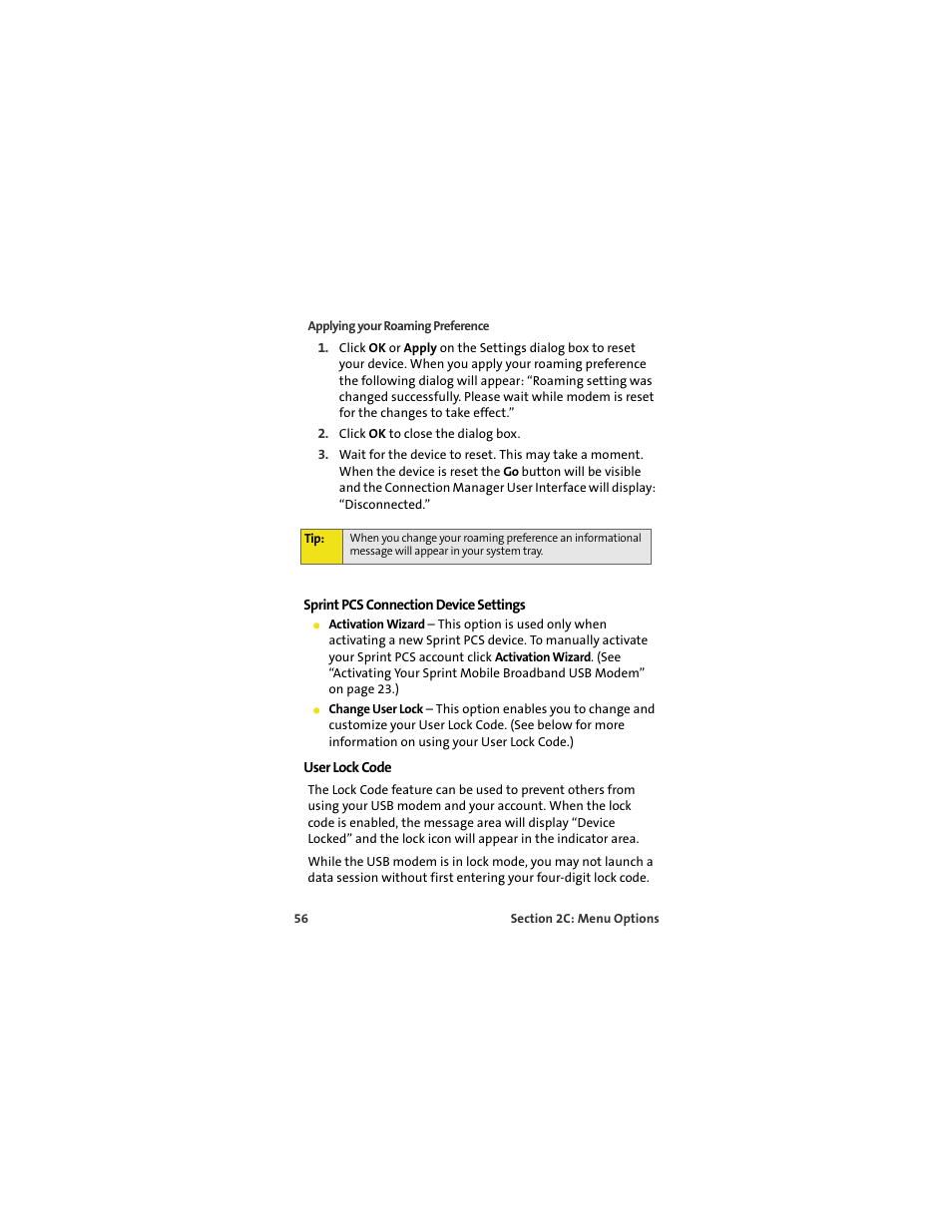 Sprint pcs connection device settings, User lock code | Sprint Nextel OVATION U720 User Manual | Page 62 / 119